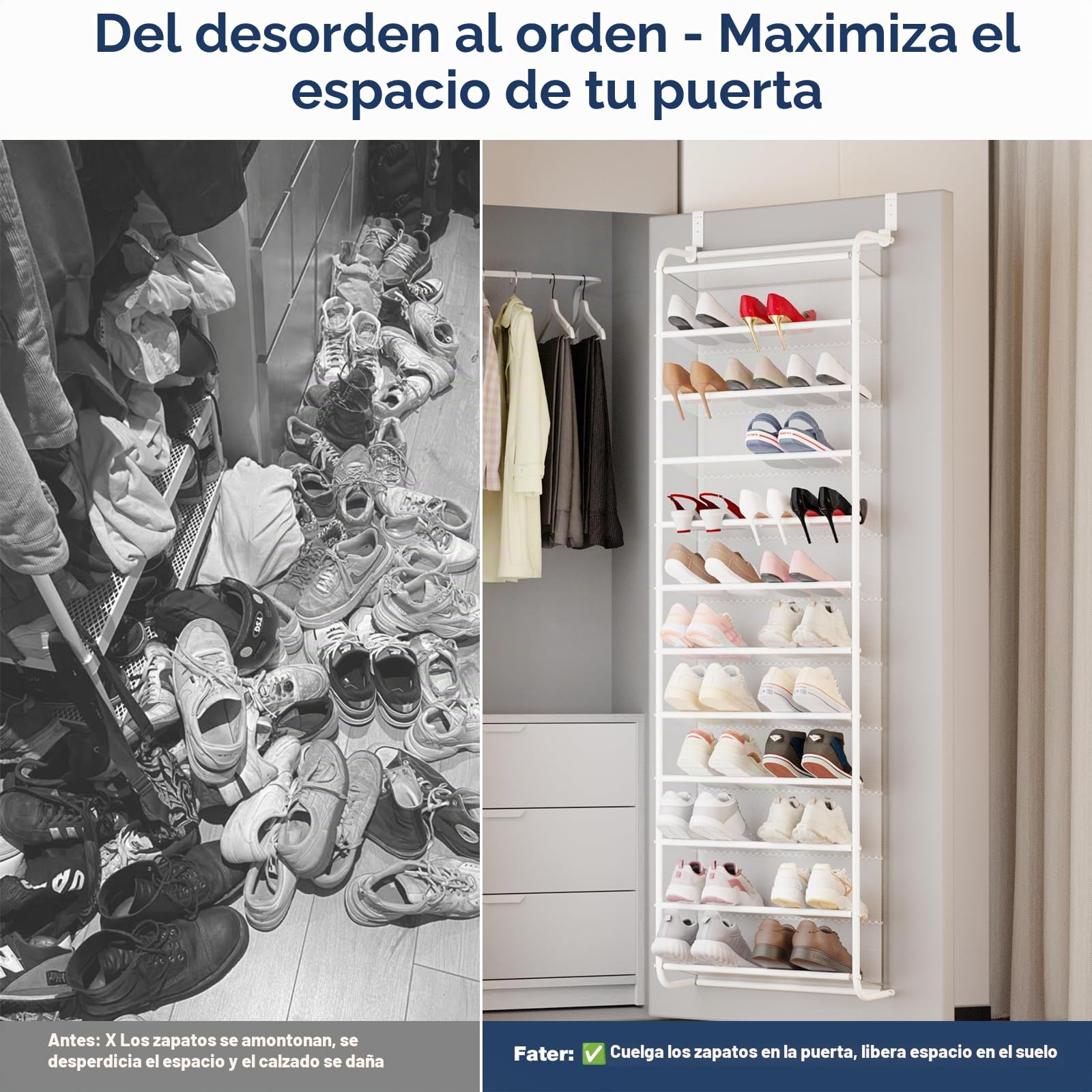 Whitmor Organizador de zapatos sobre la puerta, capacidad para hasta 36 pares de zapatos, metal y malla, color blanco