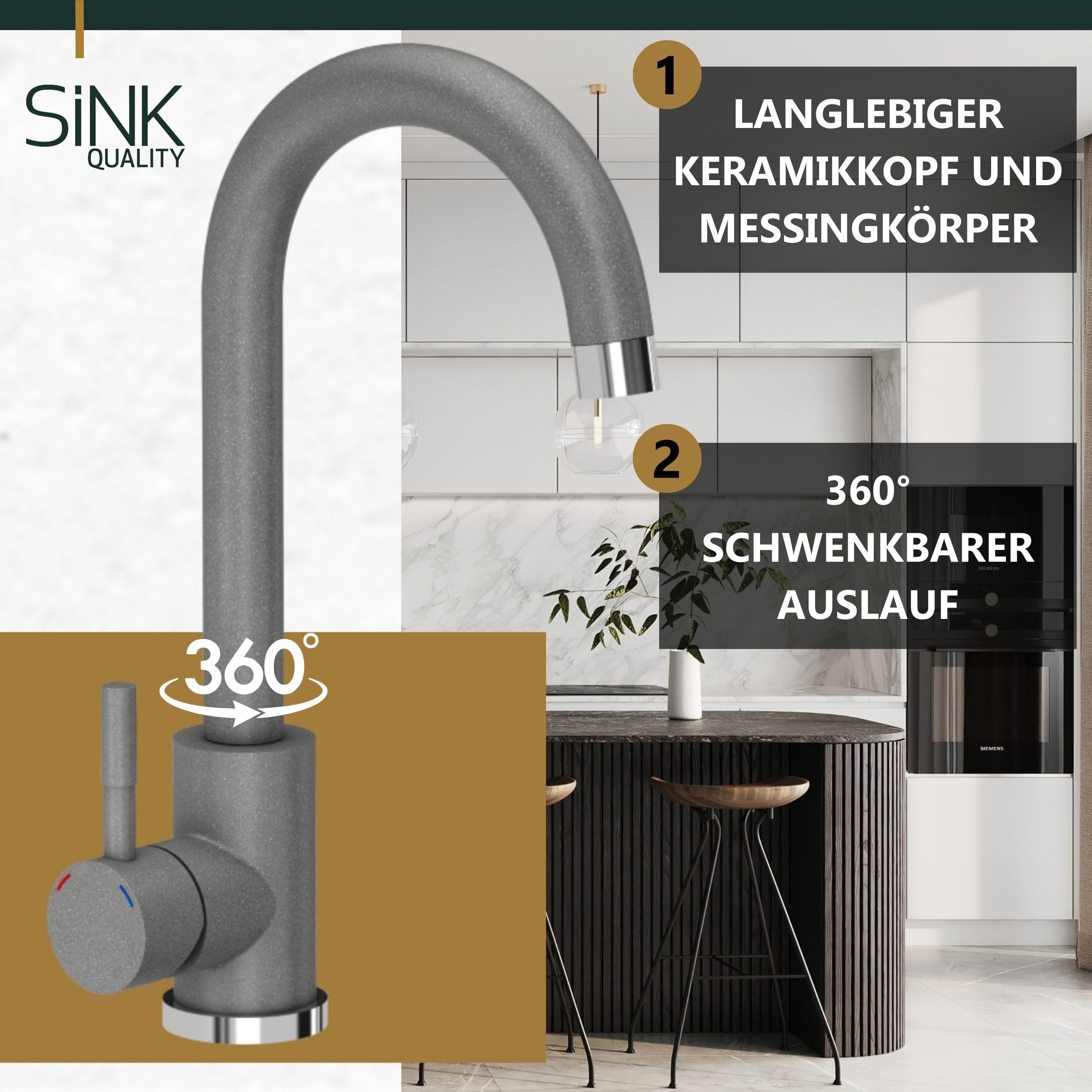 SINK QUALITY zlewozmywak szary z zestawem armatury 62x46 cm - Zlewozmywak z kranem, syfon PUSH, ociekacz, środek impregnujący - Kompletny zestaw zlewozmywaka kuchennego do szafki dolnej 55