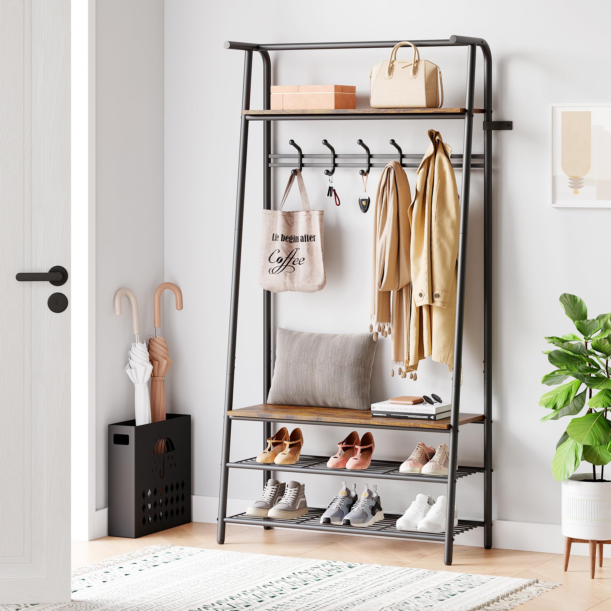 Aptliton Brown Modern Hall Tree With Bench, Single Row Hook 80Cm W Coat Rack & 3-Tier Shoe Storage, Entryway Organizer With Metal Frame For Hallway, Front Door, And Bedroom