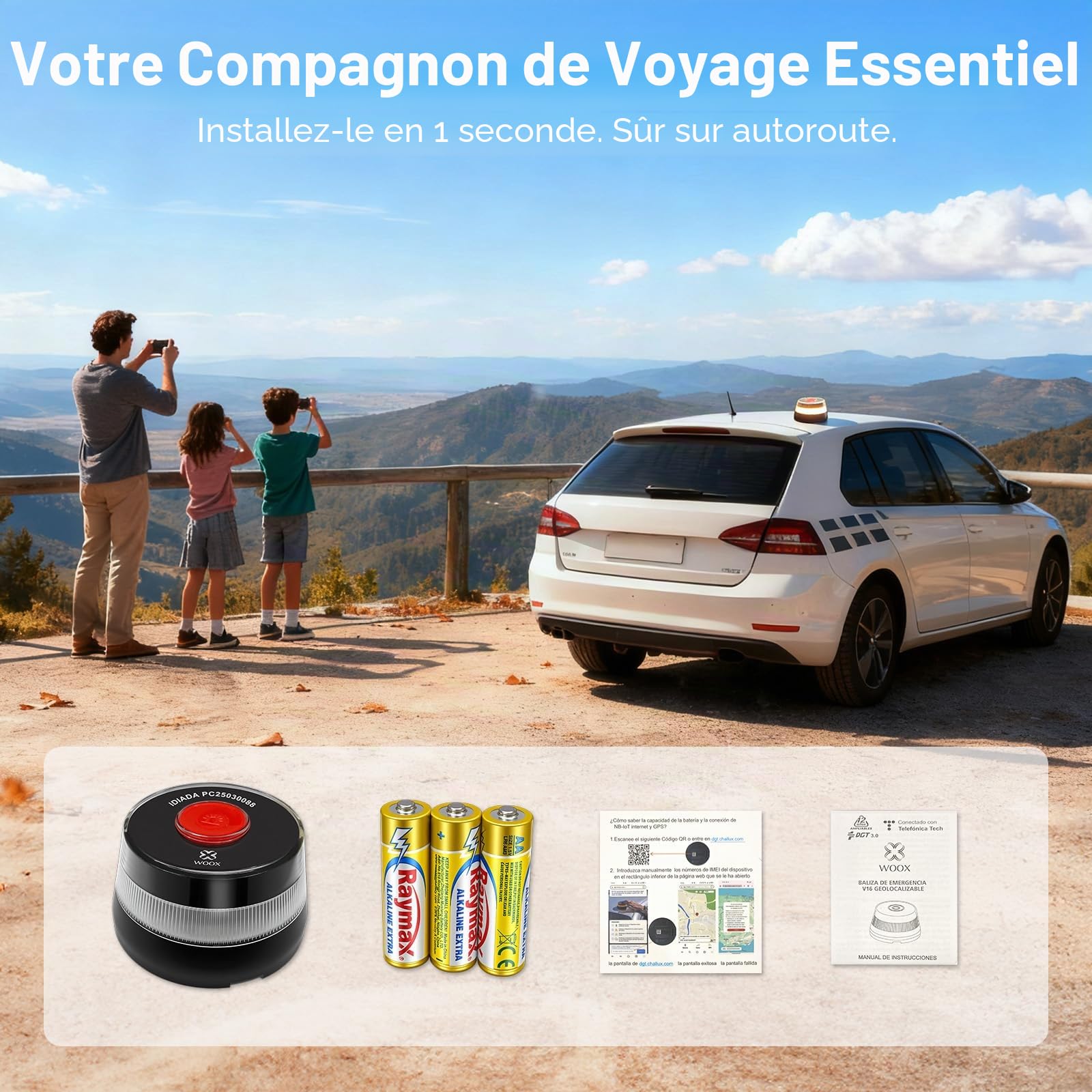 Woox Balise V16 homologuée DGT avec géolocalisation, lumière d'urgence pour Voiture homologuée avec SIM et données gratuites Jusqu'en 2038, certifié DGT 3.0, IP54, sans Applications ni abonnements