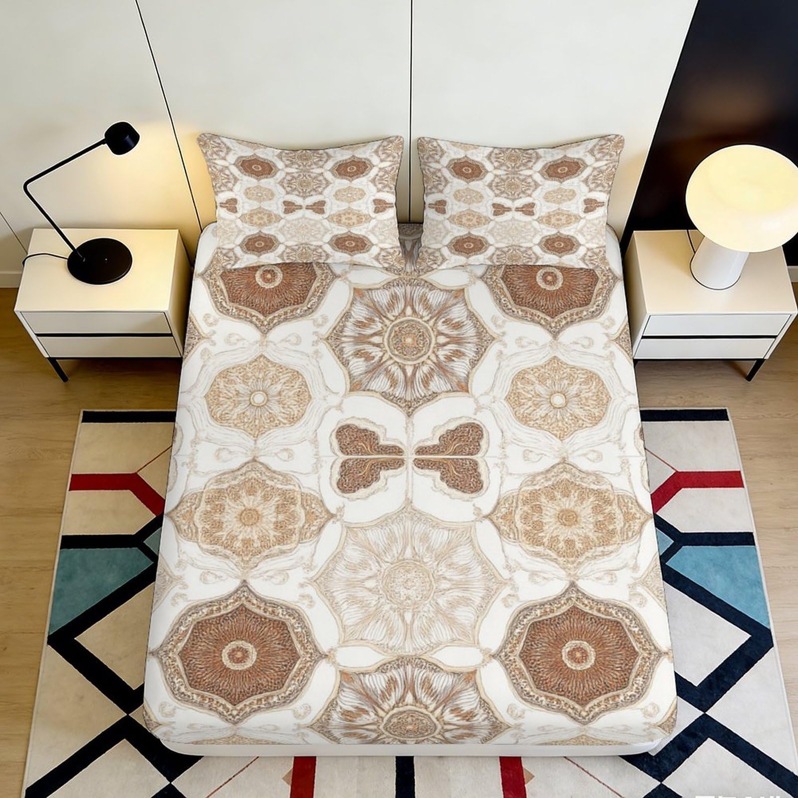 3D Printed Geometric Mandala Fitted Sheet Microfiber Soft Beige Brown Retro Pattern Mattress Cover for Bedroom Guestroom 90x200x25cm