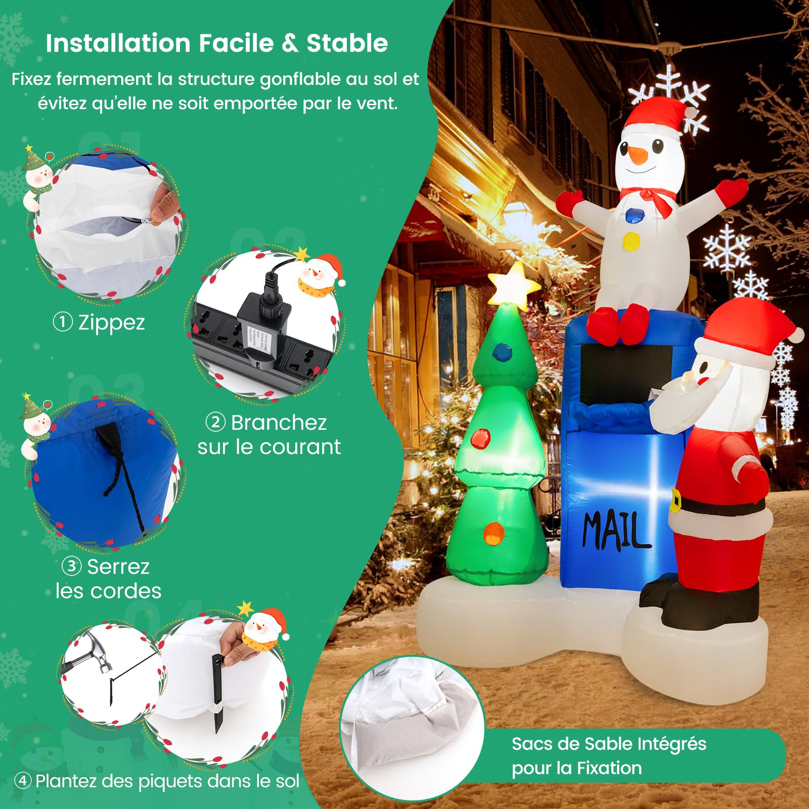 COSTWAY Décoration Gonflable de Noël 185cm avec Lumières LED | Décoration Père Noël Boîte aux Lettres et Bonhomme de Neige avec Sac de Sable pour Fêtes Intérieur/Extérieur