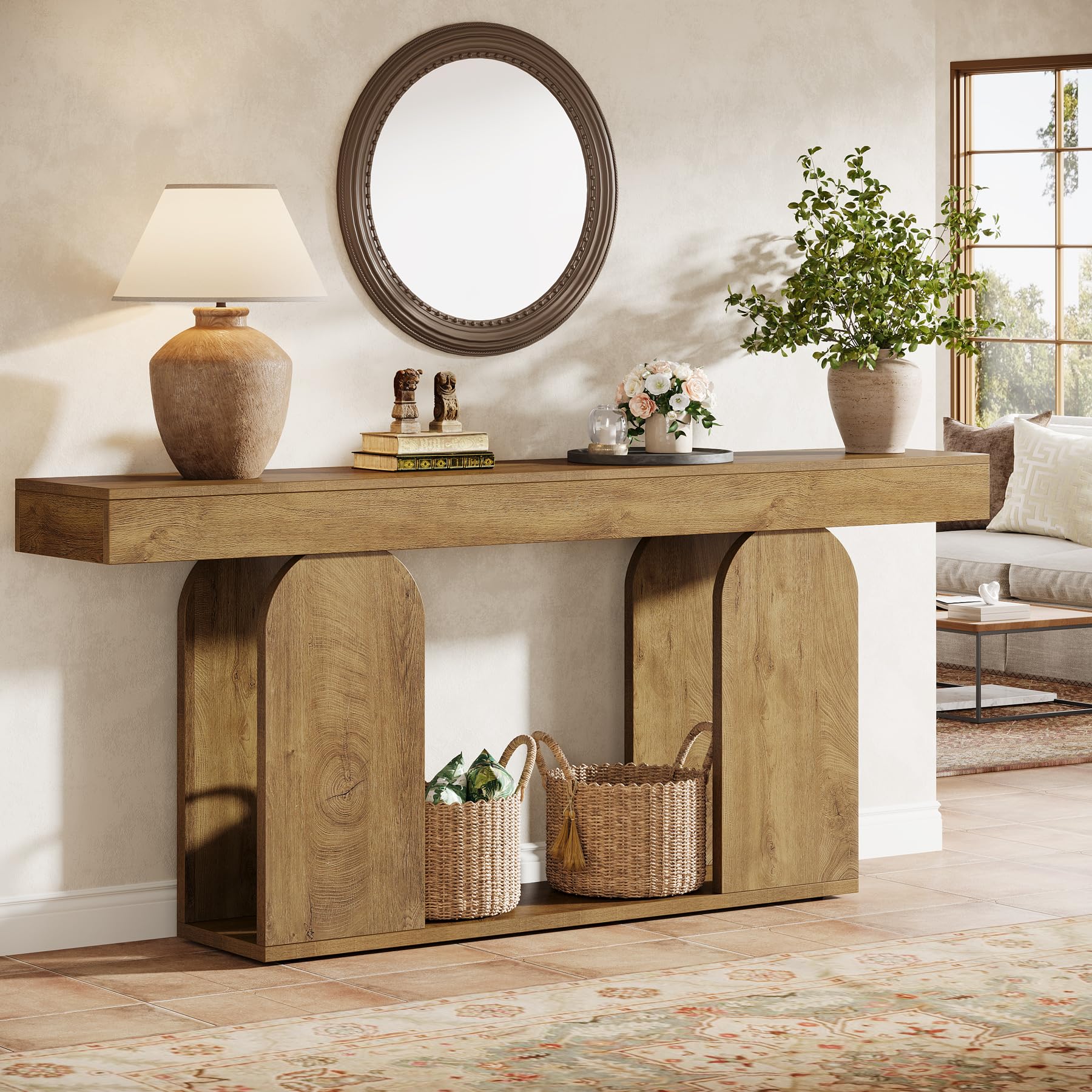 Farmhouse Wood Console Table, 70.9-Inch Entryway Accent Table with U-Shaped Base, 2-Tier Extra Long Sofa Tables for Entrance, Hallway, Living Room (Light Brown)