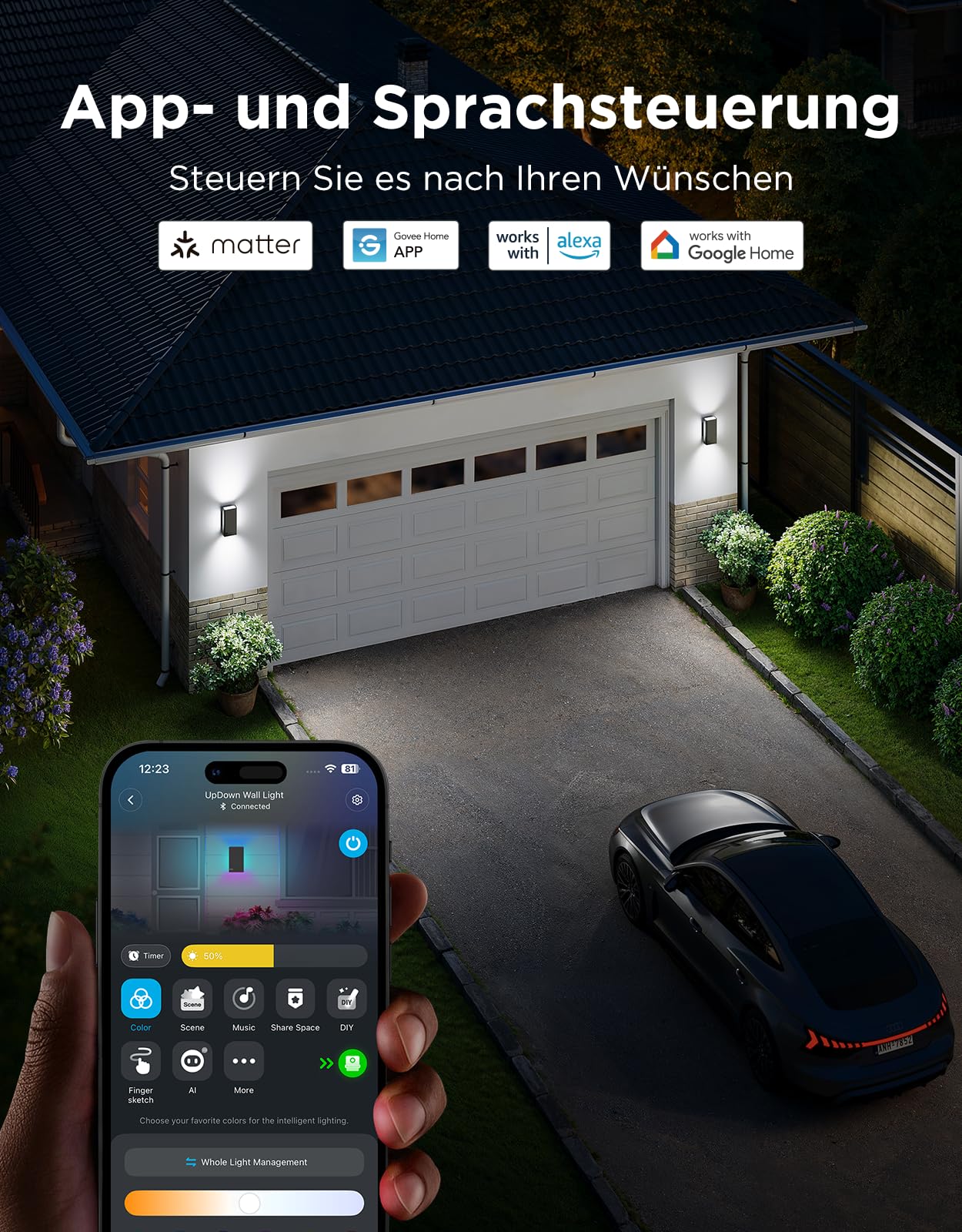 Govee Outdoor UpDown Wandleuchte, 1400lm RGBICWW Wandlamp, IP66, 2 Stück | 2700K–6500K UpDown Außenwandleuchte mit 64 Szenen, DIY-Farben, Funktioniert Matter/Alexa/Google, Veranda, Balkon, Terrasse