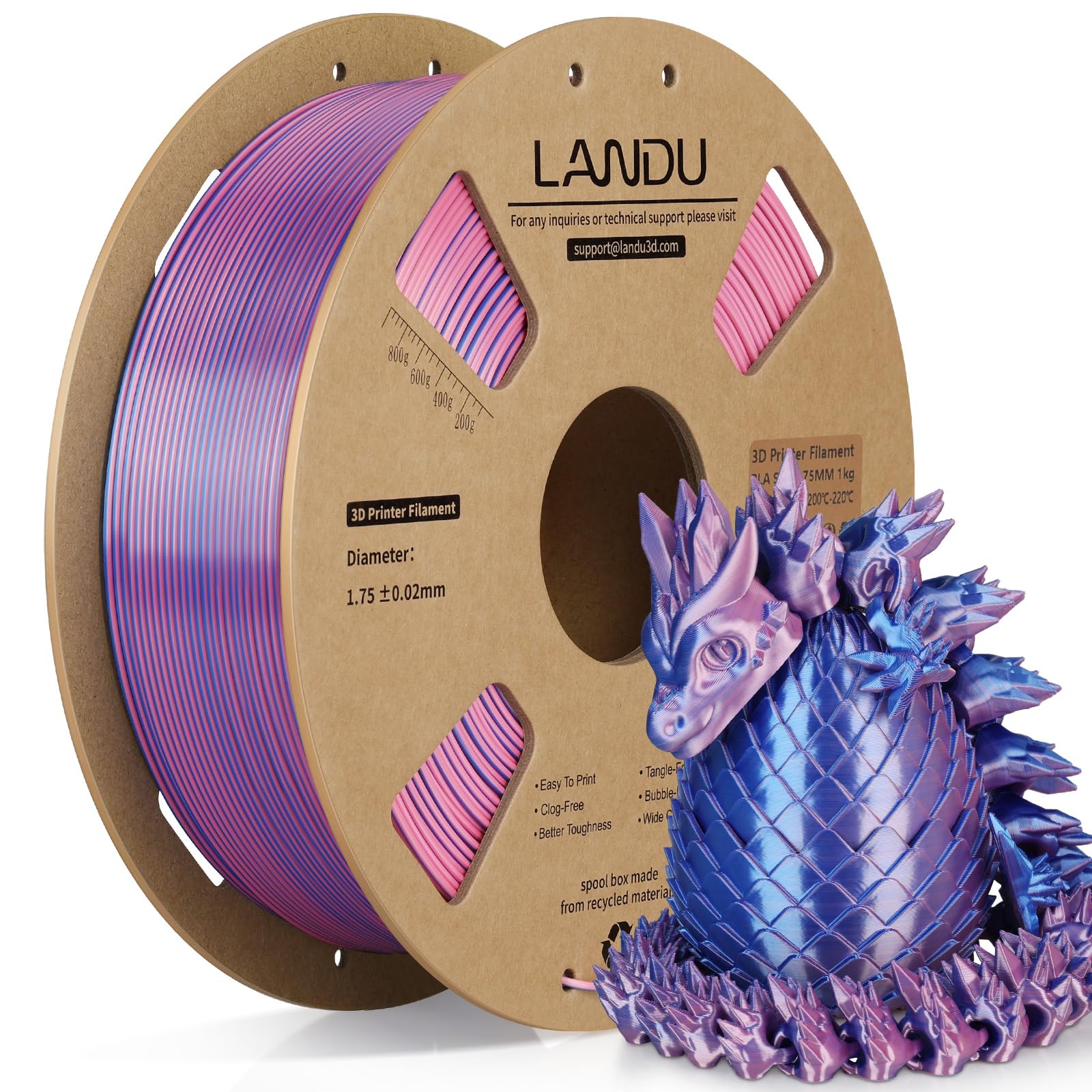 LANDU Silk Dual Color PLA Filament 1.75mm 1KG, 3D Printer Filament Dimensional Accuracy +/- 0.02mm, Coextrusion Filament PLA Shiny Filament Fits for Most FFF 3D Printers,1KG Spool,Blue Pink