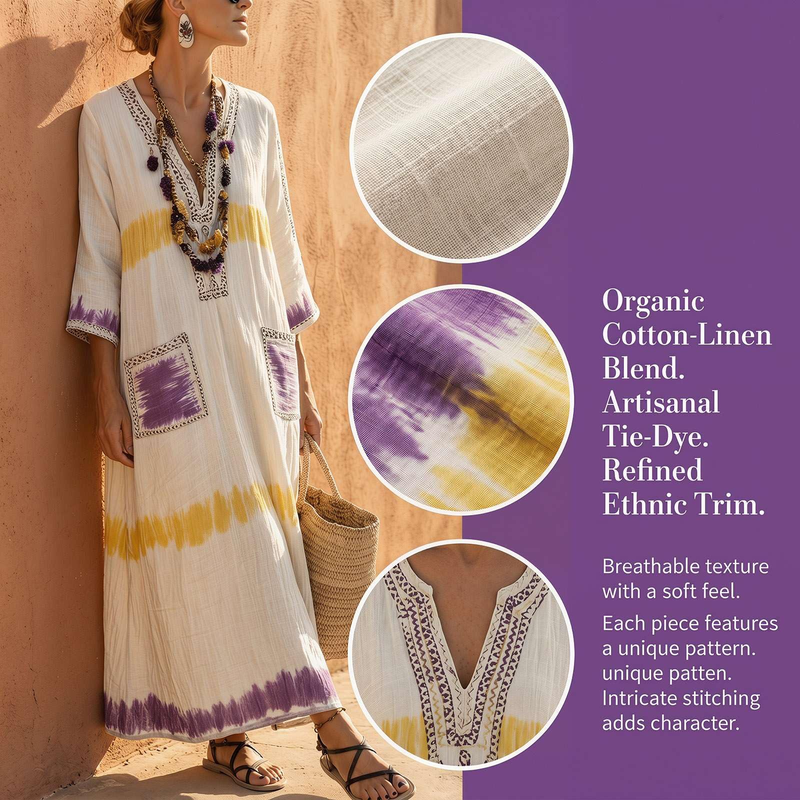 Abito Estivi Donna Lino Vestito - Abiti Lungo Elegante Boho Chic Kaftan Marocchino Copricostume Mare Spiaggia Curvy Taglie Forti Abbigliamento Leggero Eleganti Casual Dress con Tasche