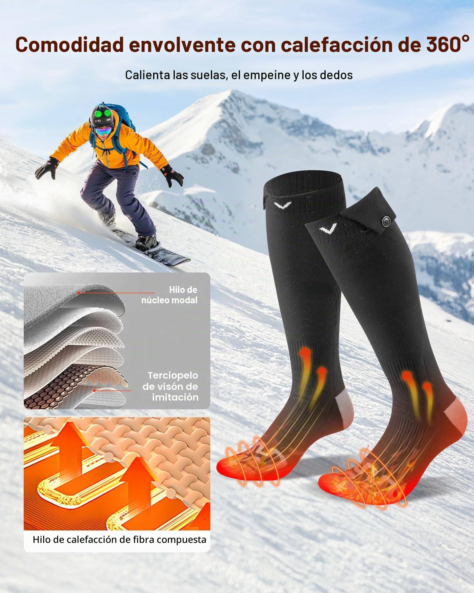 VEVOR Calcetines Calefactables Unisex, con Batería 5000 mAh, Recargables y 4 Niveles de Temperatura, Ideales para Pesca, Camping, Senderismo, Esquí, Trabajo al Aire Libre e Invierno, Talla Única