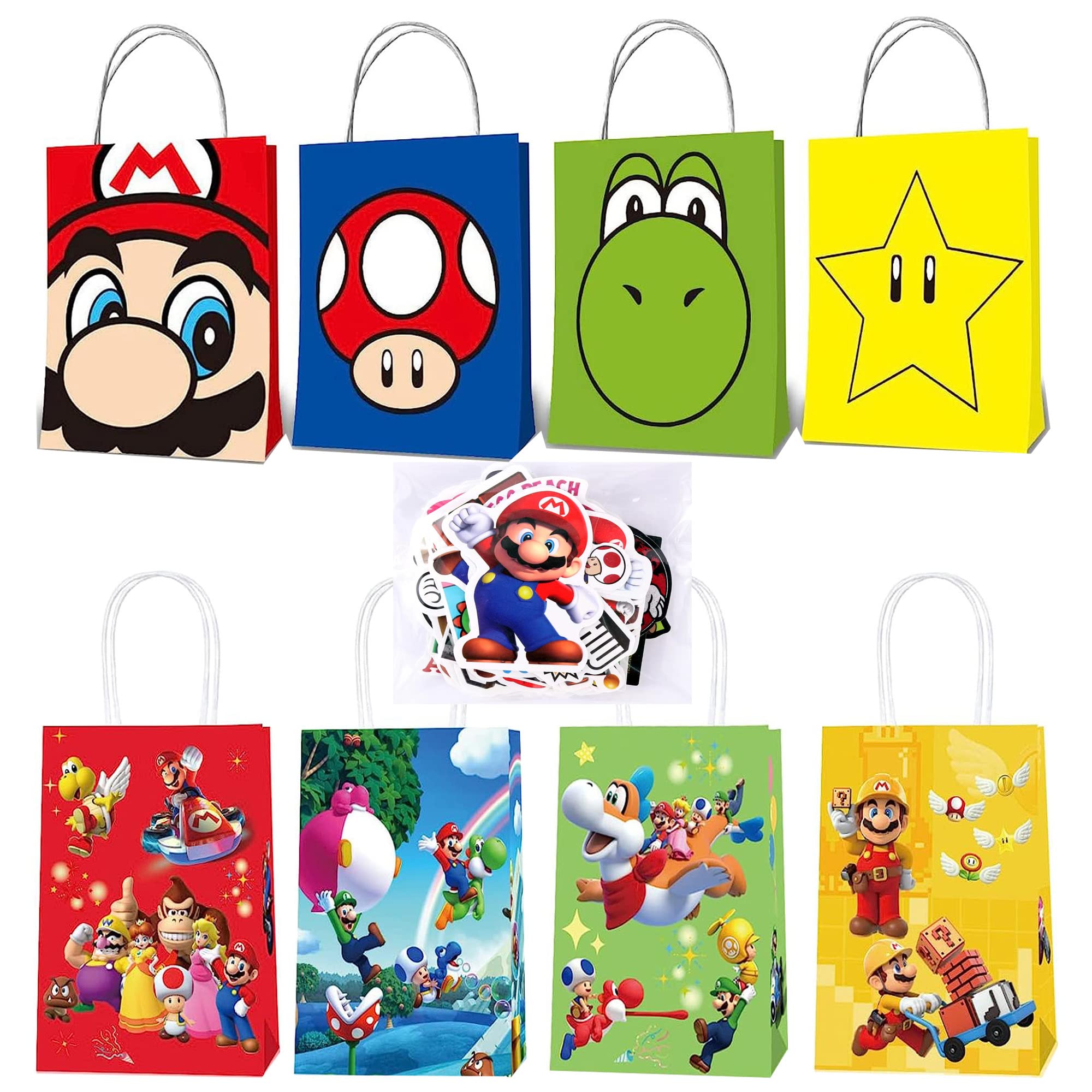 SBAMET 8 styles of super party gift bags, 16 PCS portable birthday gift bags, brother gift bags candy bags, 50 stickers, suitable for birthday party gifts for boys and girls