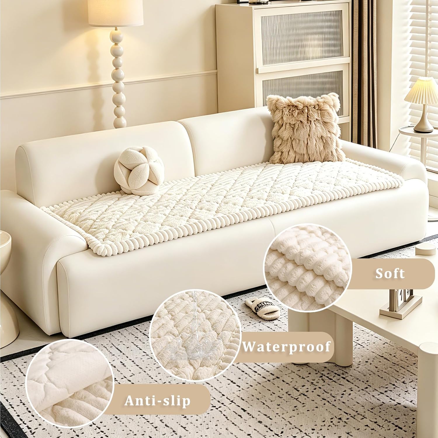100% Waterproof Fuzzy Couch Cover for Dogs, Washable Non-Slip Pet Couch Covers for Sofa, Soft Thick Furniture Protector Sofa Slipcover Mat for Dogs (Beige, 27.5"x70.9")