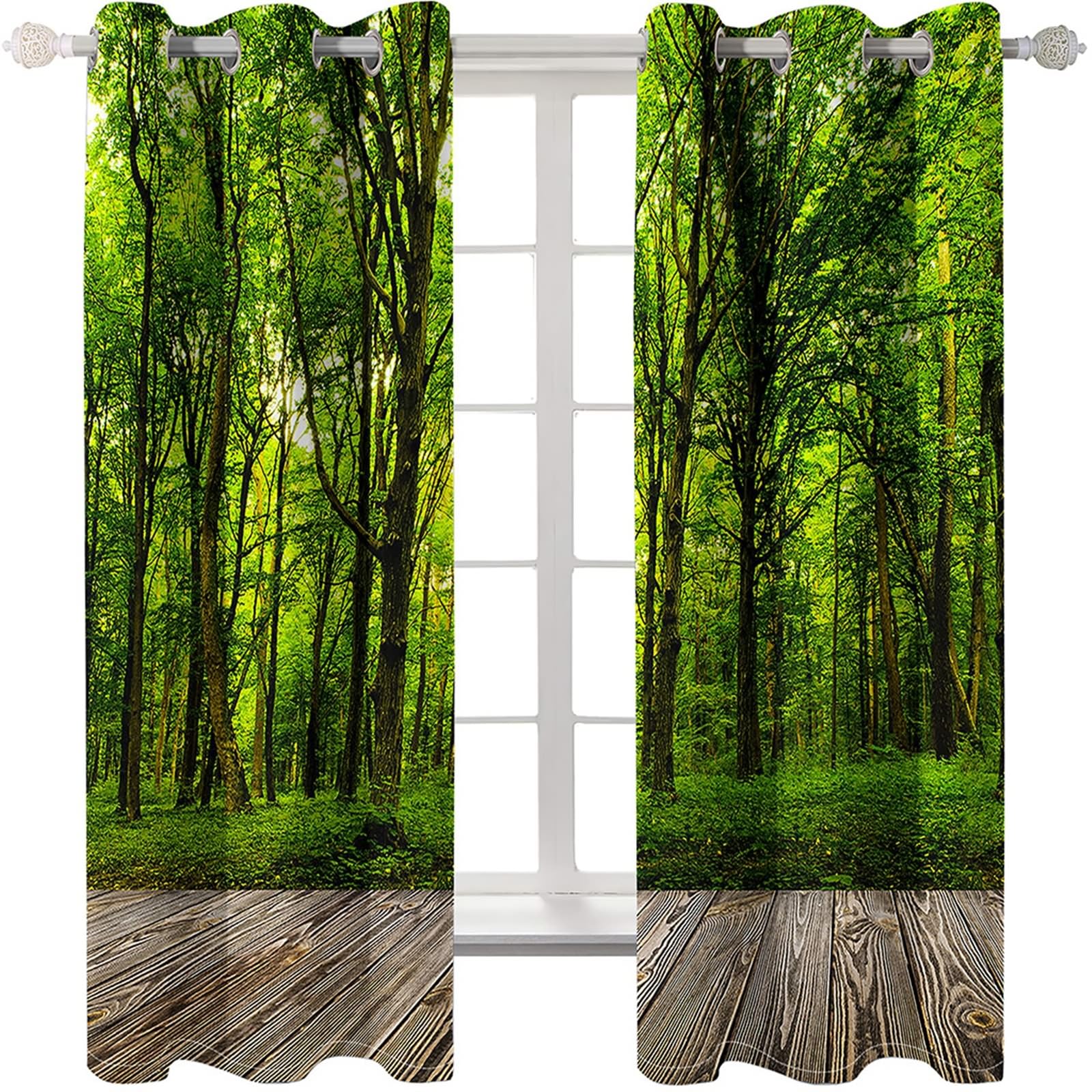 Gualiy Rideau Occultant Salon, Rideaux Thermique Fenetre Plancher en Bois et Paysage Forêt Rideaux Lot de 2 132x160cm