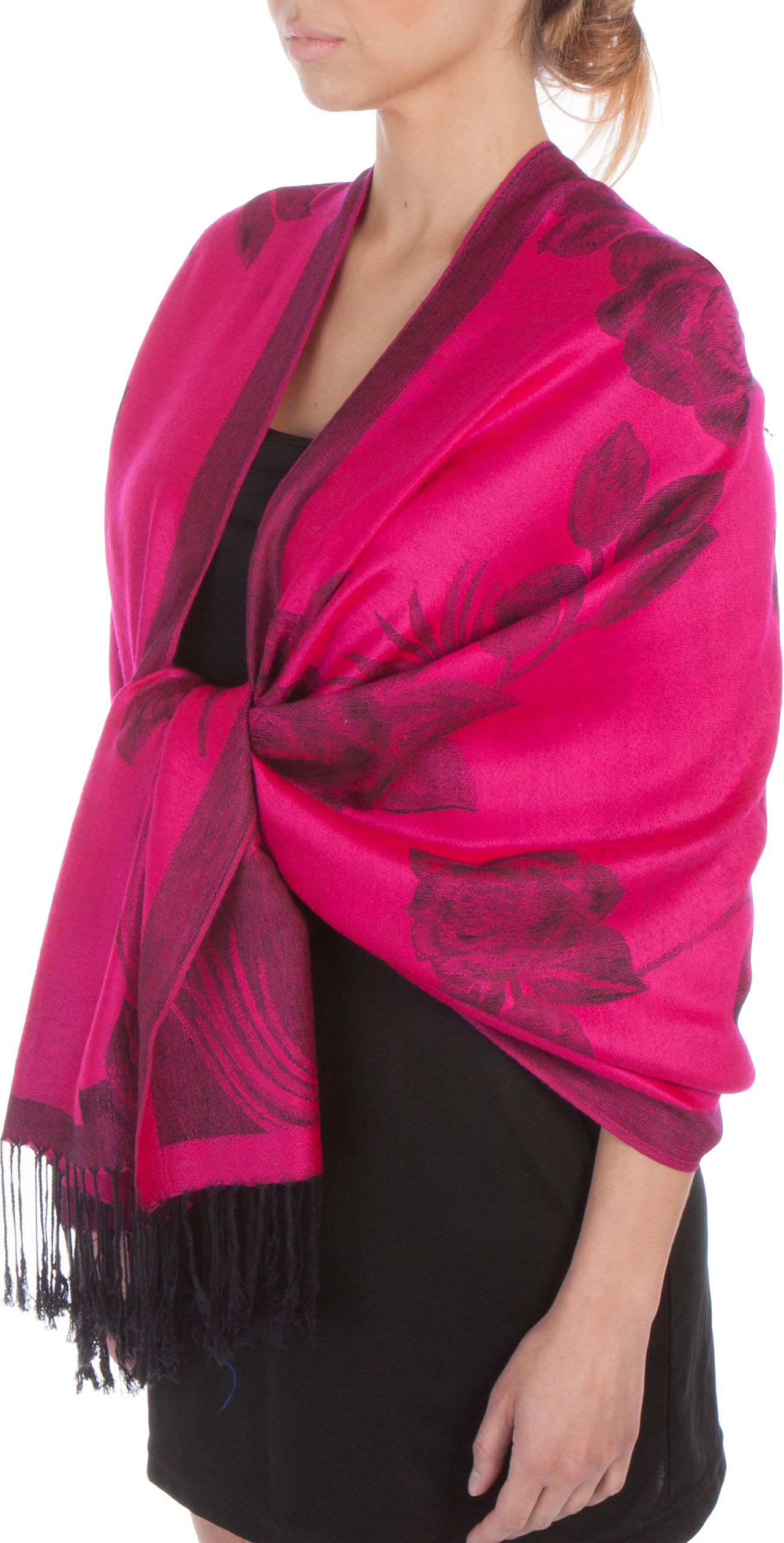 Sakkas Women's Fuchsia / Black Two Tone Floral Rose Reversible Pashmina Scarf Shawl Wrap Stole For - Fuscia/Black