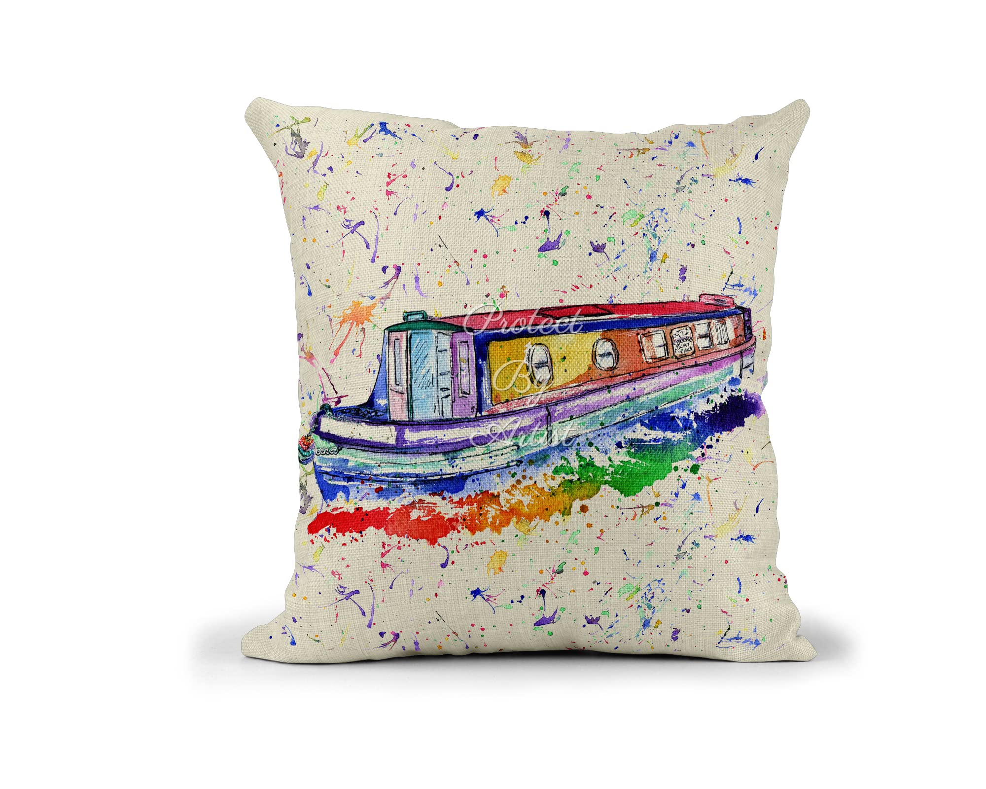 Vixar Narrowboat Canal Boat Watercolour Rainbow Art Linnen Cushion With Filling Or Cover Only, 40X40cm, Gift, Christmas, Birthday (Cover Only)