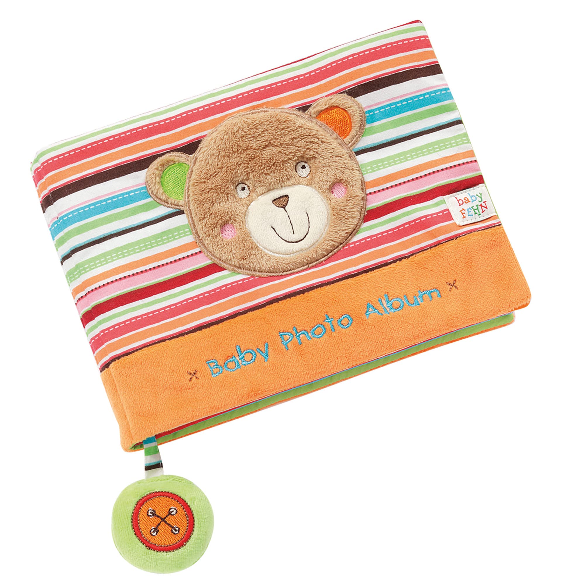 Fehn Baby Photo Album Teddy - album fotografico di ricordi da disegnare e sentire in tessuto - album giocattolo per la nascita per neonati e bambini da 0+ mesi per memorizzare volti e imparare nomi