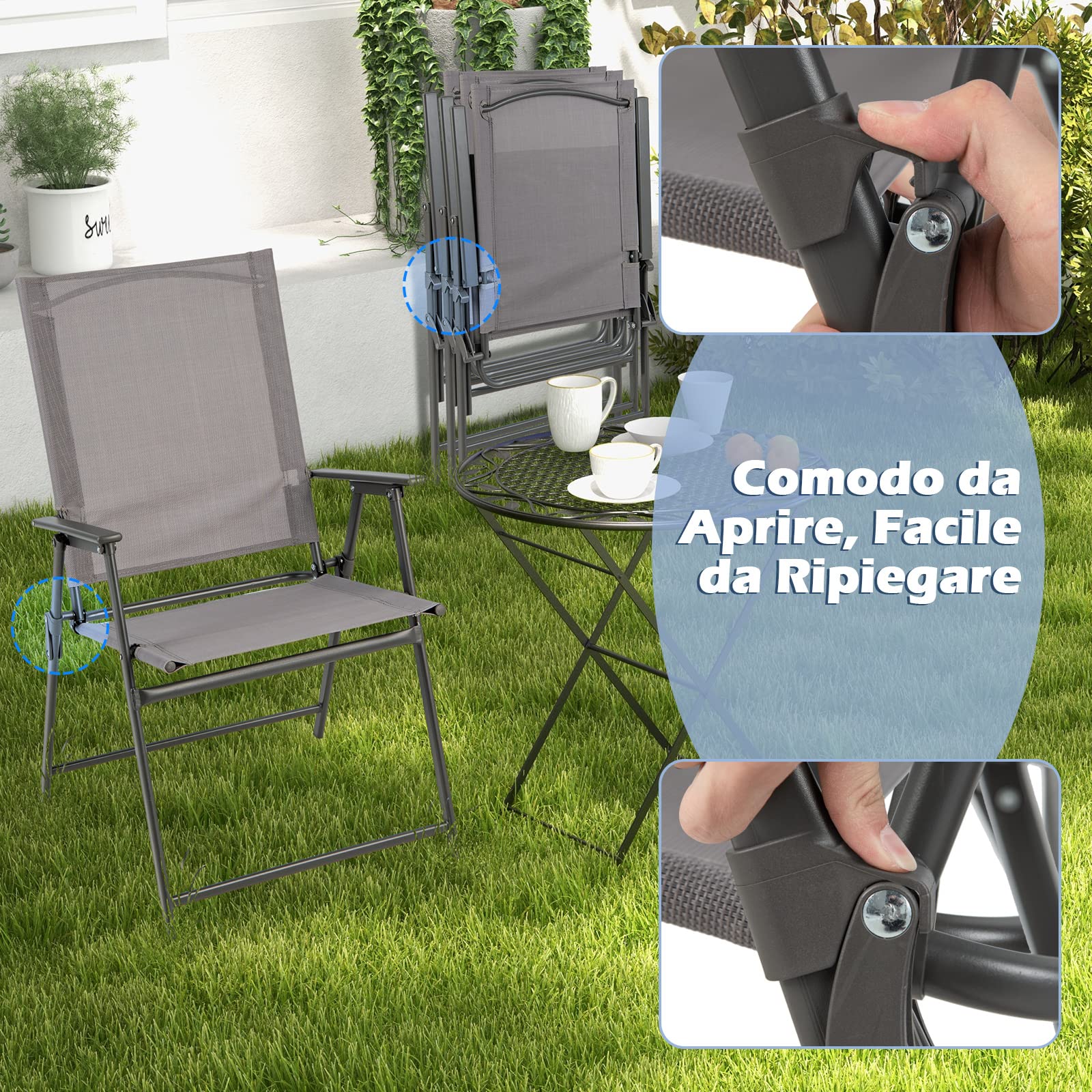 GYMAX Set di 2/4 Sedie da Giardino in Tessuto con Struttura Metallica, Sedie Pieghevoli con Schienale Alto e Braccioli, Sedia da Campeggio, Adatta per Giardino, Terrazza e Balcone (4, Grigio)