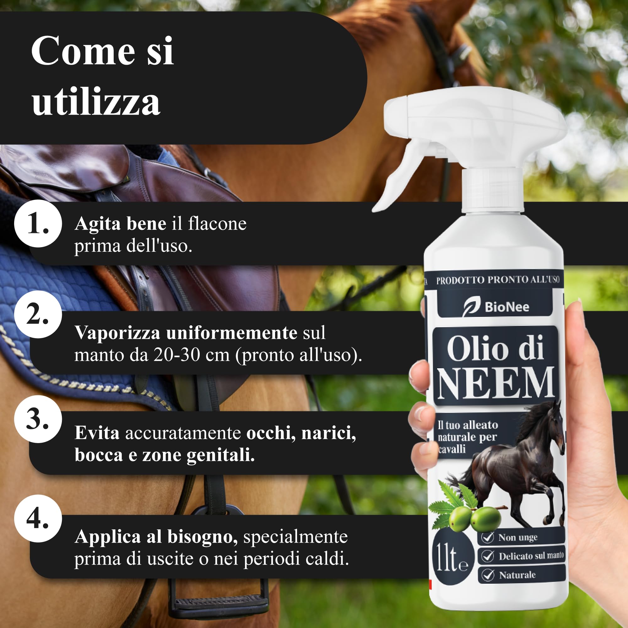 Huile de Neem Spray Chevaux 1L - Lotion Naturelle prête à l'emploi, Action Protection contre les Insectes et les Parasites, Non Onge, Doux sur le Mant, Hydrosoluble