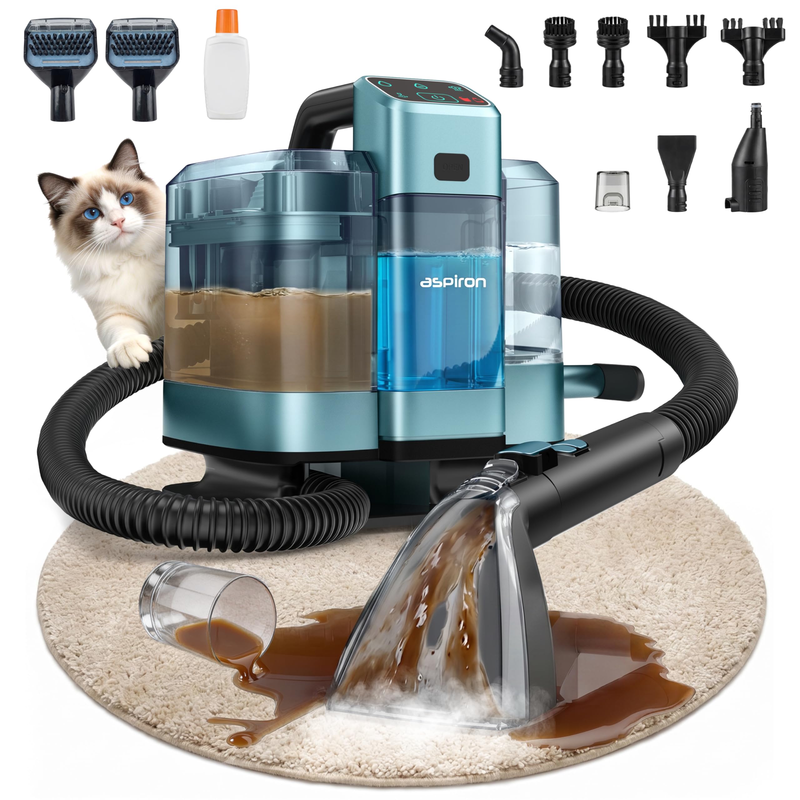 Aspiron Polsterreiniger Gerät, 3-in-1 Dampfreiniger mit Heiß-/Kaltwasser- und Dampfwäsche, 300 ML Teppichreiniger, Nasssauger für Teppich Sofa Auto Matratze, Waschsauger für Haustierbesitzer Familien