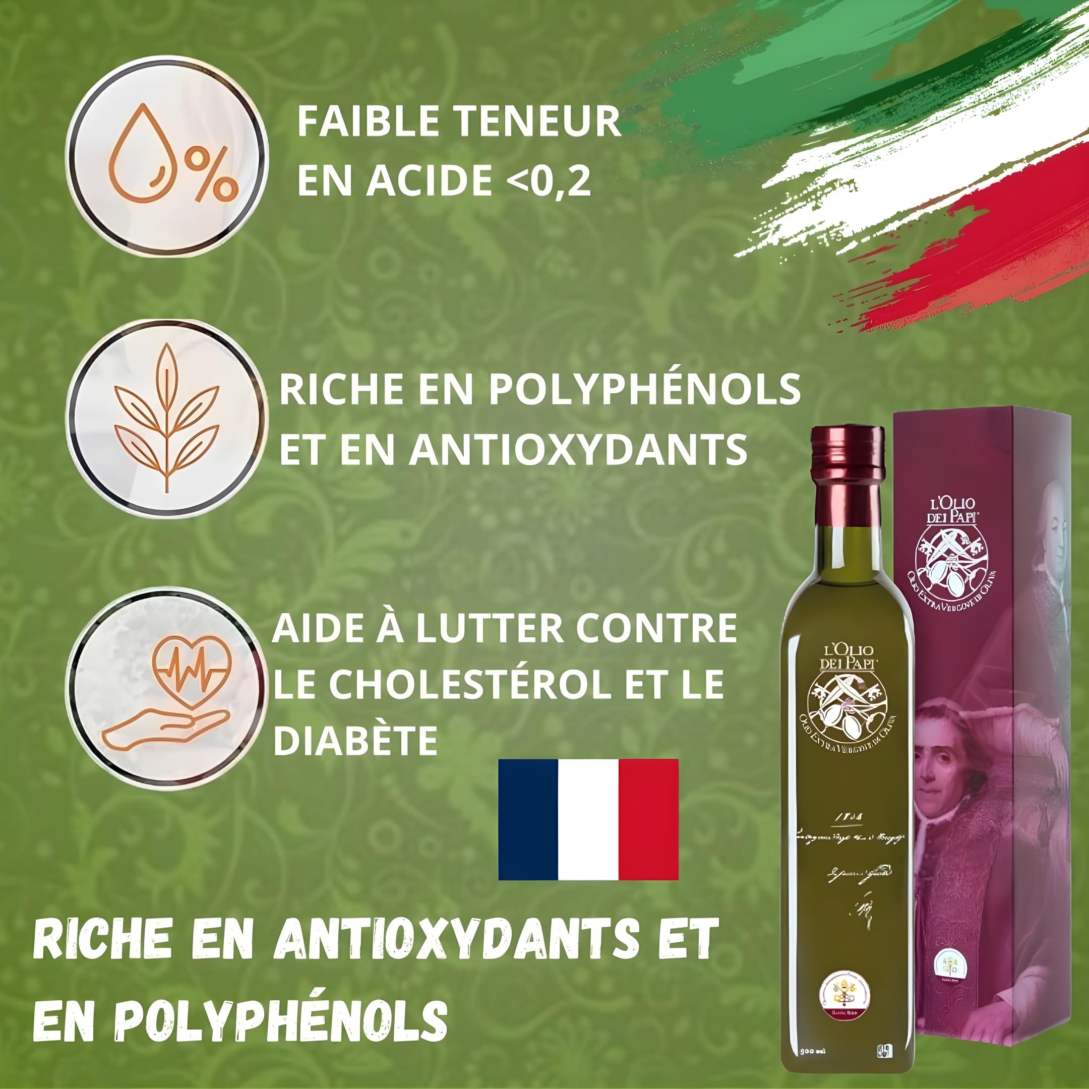 L'Olio dei Papi 100% Huile d'Olive Extra Vierge Italienne extraite à froid des oliveraies centenaires des anciennes terres des Papes 0,5 LT (étui)