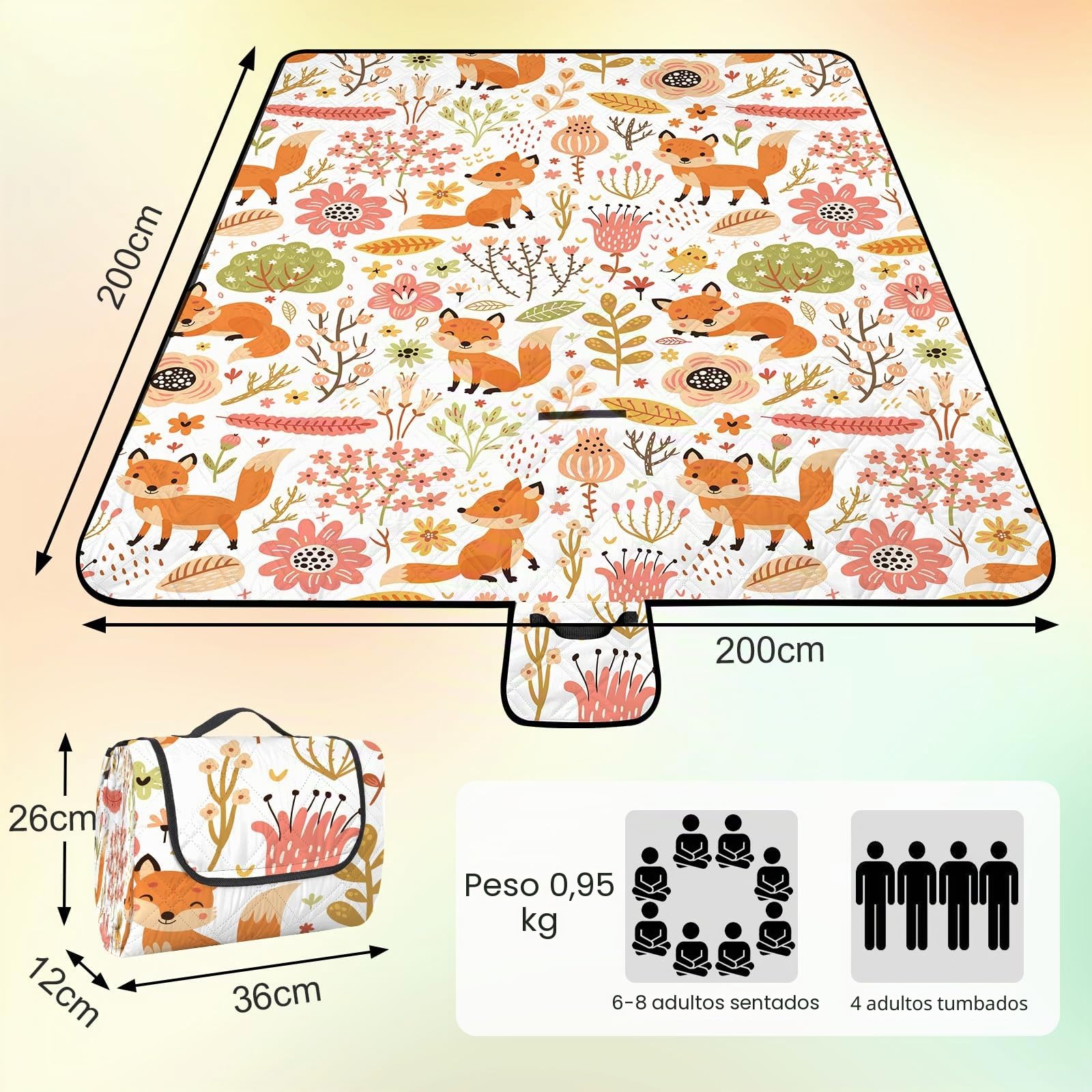 Animal Manta Picnic Impermeable 200 x 200 CM, Manta de Playa Portátil Lavable a Máquina, Alfombras de Picnic Ligero para Parque Jardín Barbacoa, Zorros