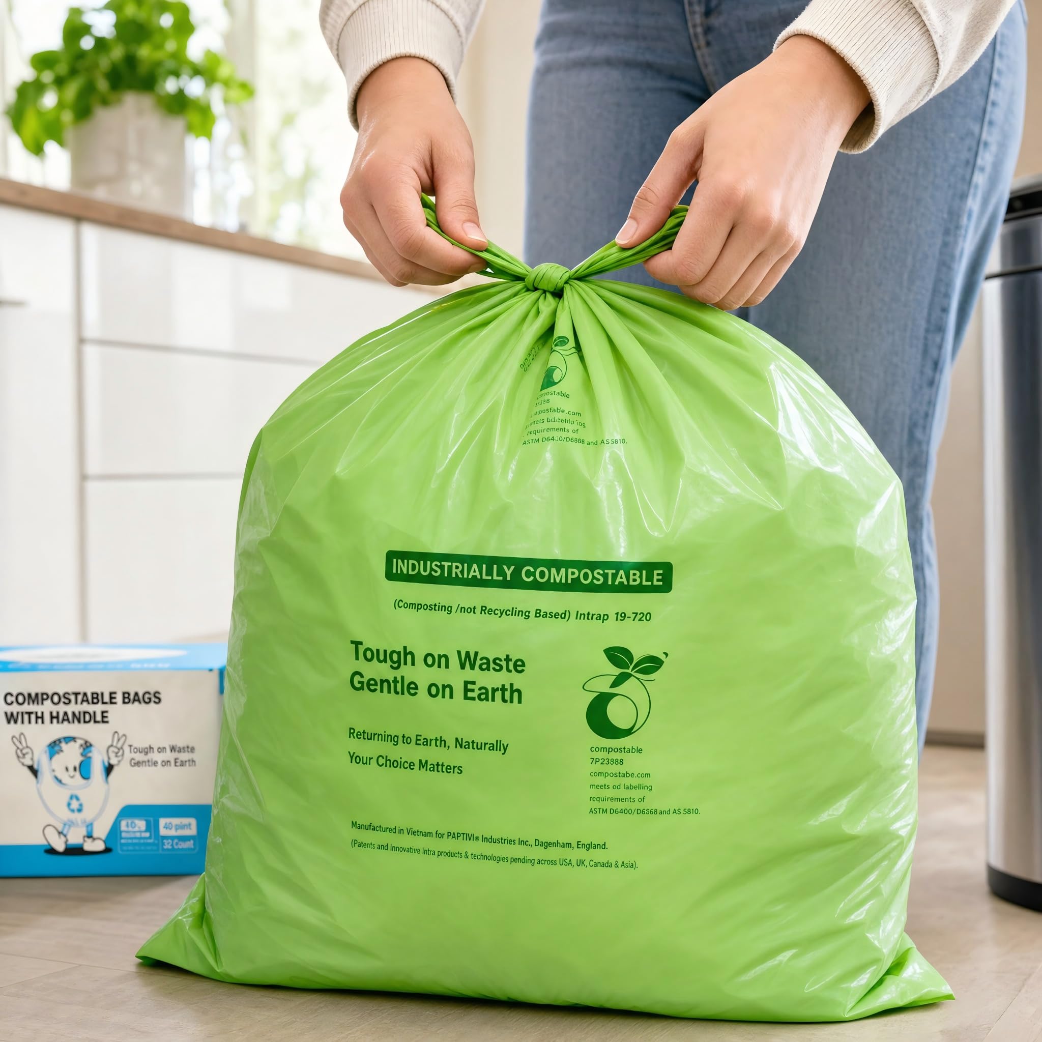 Sacchetti per rifiuti alimentari compostabili da 50 l, con manici a legame, sacchetti biodegradabili per la spazzatura da cucina, confezione da 4 scatole (totale 128 pezzi)