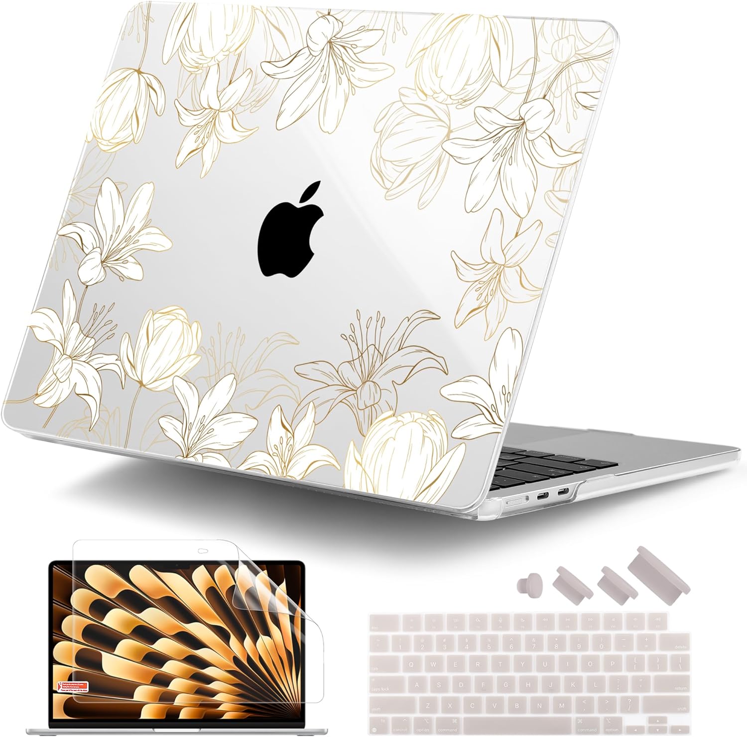 DONGKE Compatible with M4 MacBook Air 15 inch Case 2025 2024 2023 A3241 A3114 A2941 M3 M2 Liquid Retina Display Touch ID, Plastic Hard Case & Keyboard Skin & Screen Protector - Golden Floral