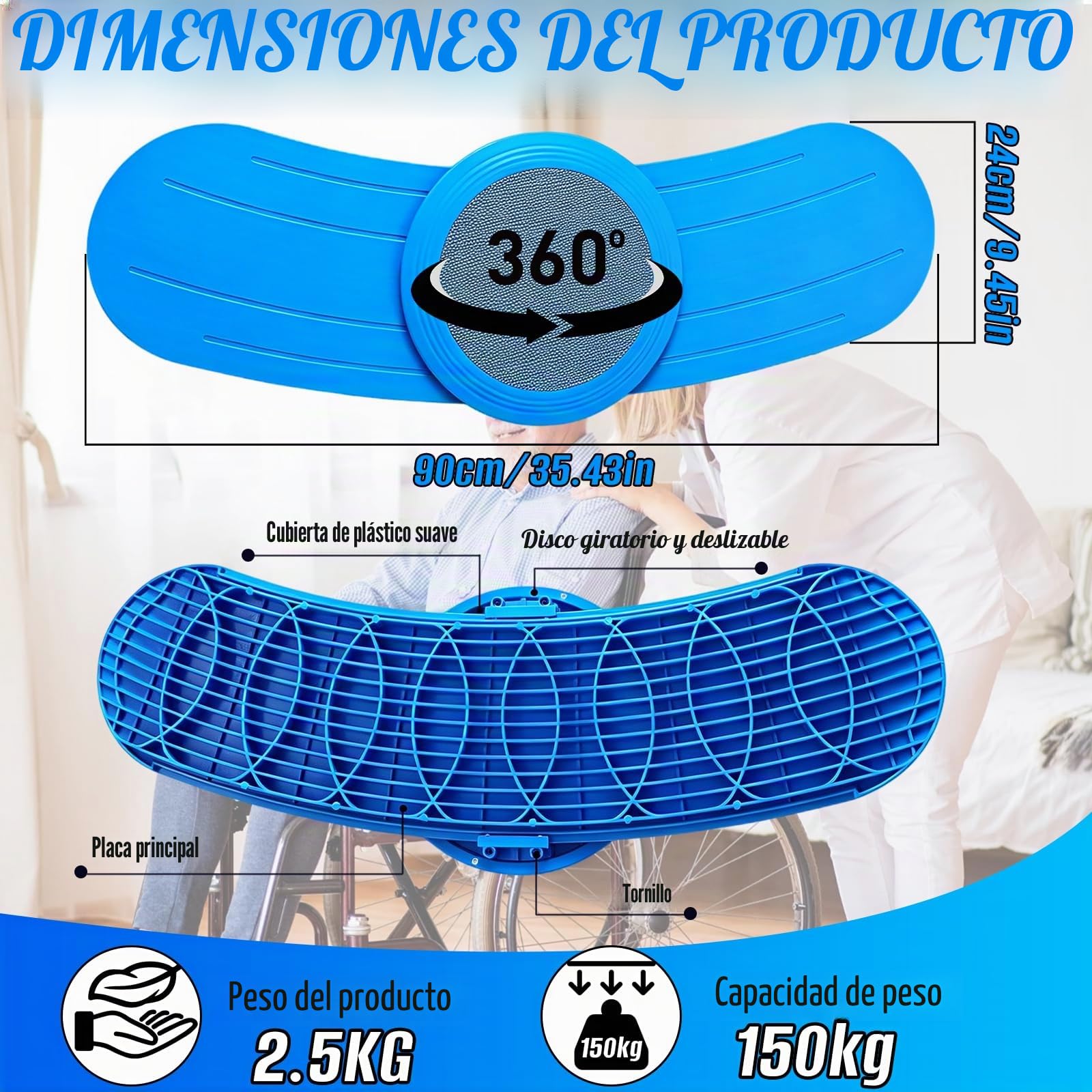 Tabla de Transferencia, 90 cm Tabla de Transferencia para Personas Mayores con Disco Giratorio de 360°, Capacidad Peso 150 Kg, Transferir Pacientes a Sillas de Ruedas, Camas, Aseos o Coches