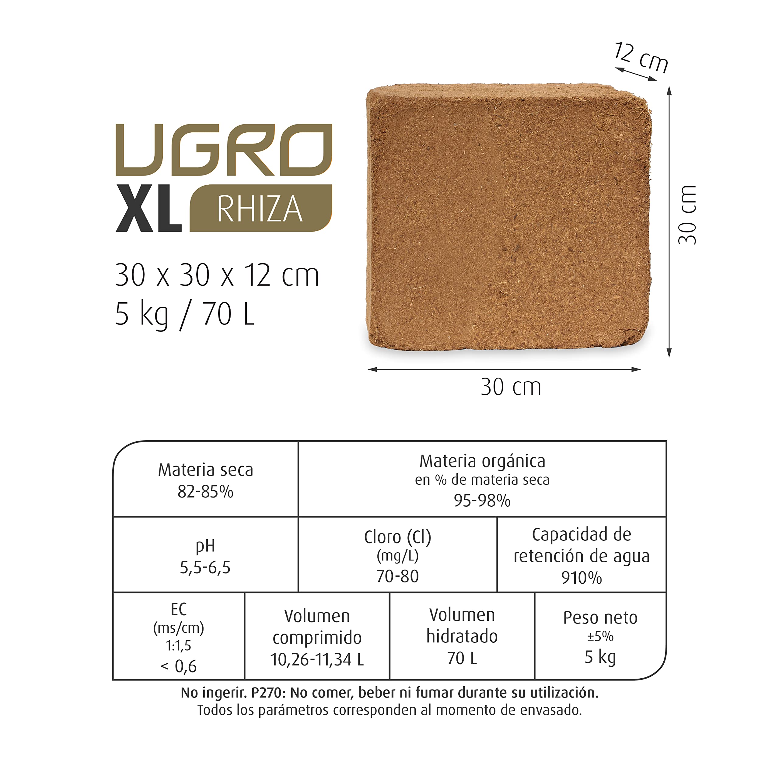XL Rhiza - Sustrato de Coco de Alta Calidad Enriquecido con Endomicorrizas, Bloque Comprimido con bajo porcentaje de Fibra de Coco para Plantas y Huerto, 5 kg - 70 L (32x32x14 cm)