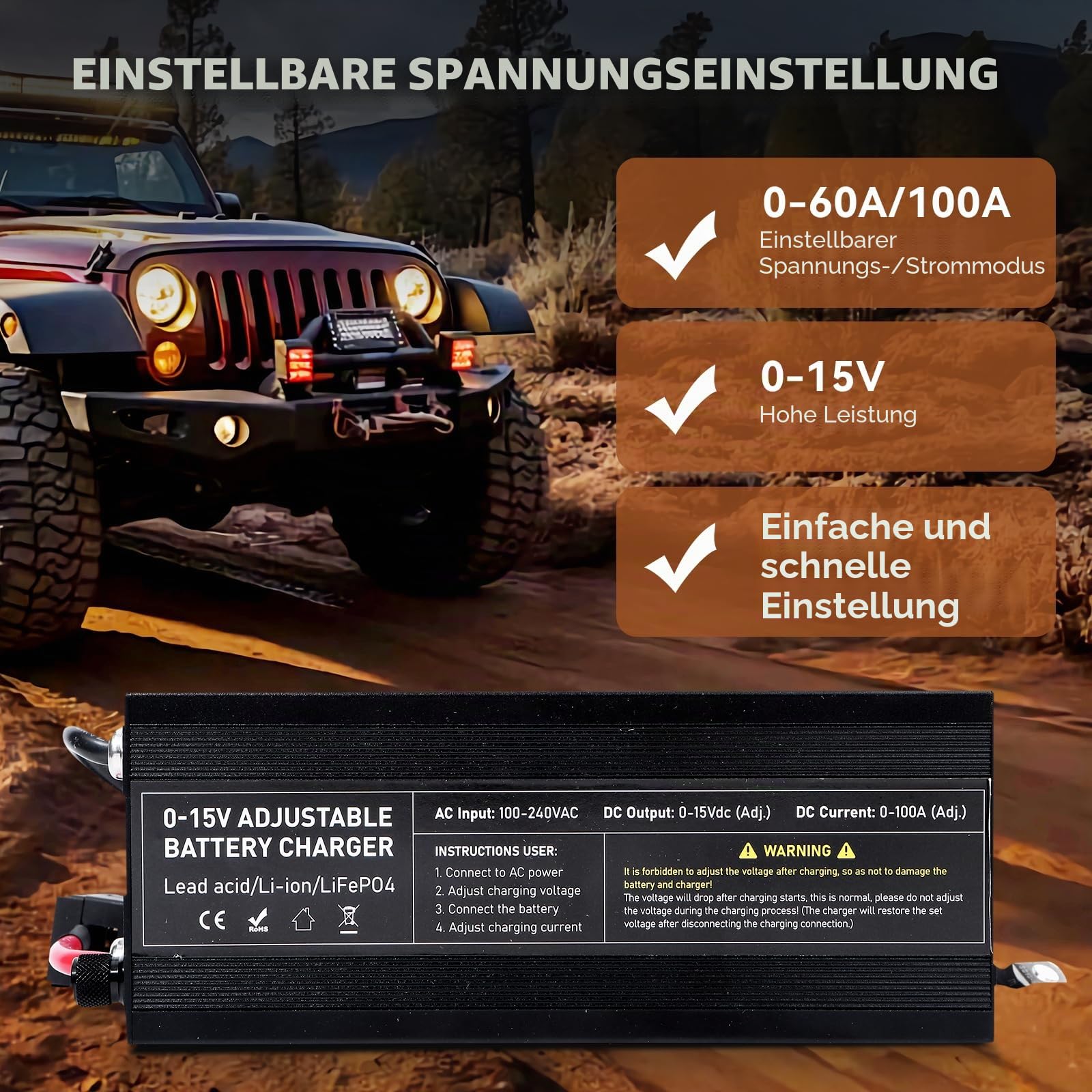 12V 100A LiFePO4 Batterie Ladegerät, Batterieladegerät 0-15V/0-100A Einstellbare,Ladegeräte für Autobatterien, Unterstützt Schnelles Laden für Motorrad LKW Rasenmäher Boot Marine Batterien
