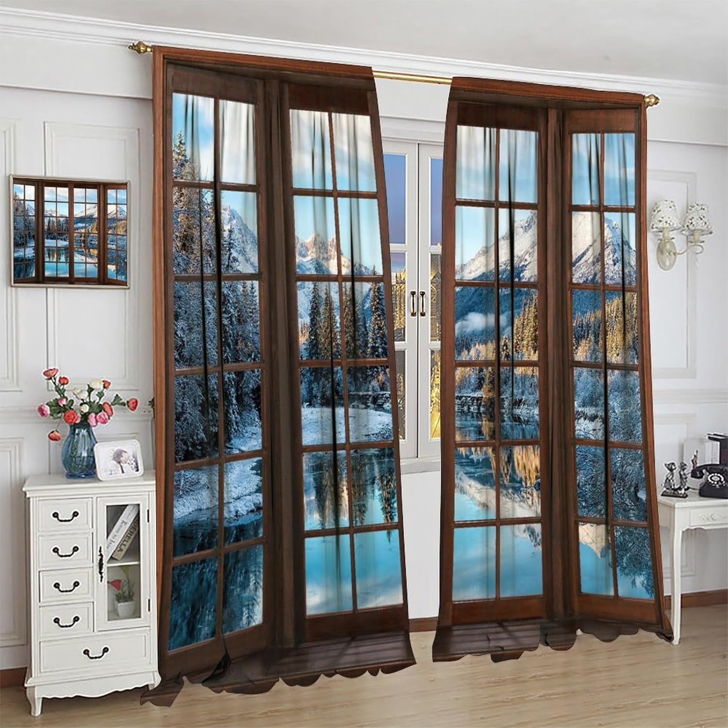 Snowy Mountain Winter Landscape Blackout Curtains for Bedroom,Nature Snowy Winter Forest Cold Ice Cubes Lakes Snowflakes Scenery Window Drapes Print for Boys Girls Kitchen Living Room 63x72in