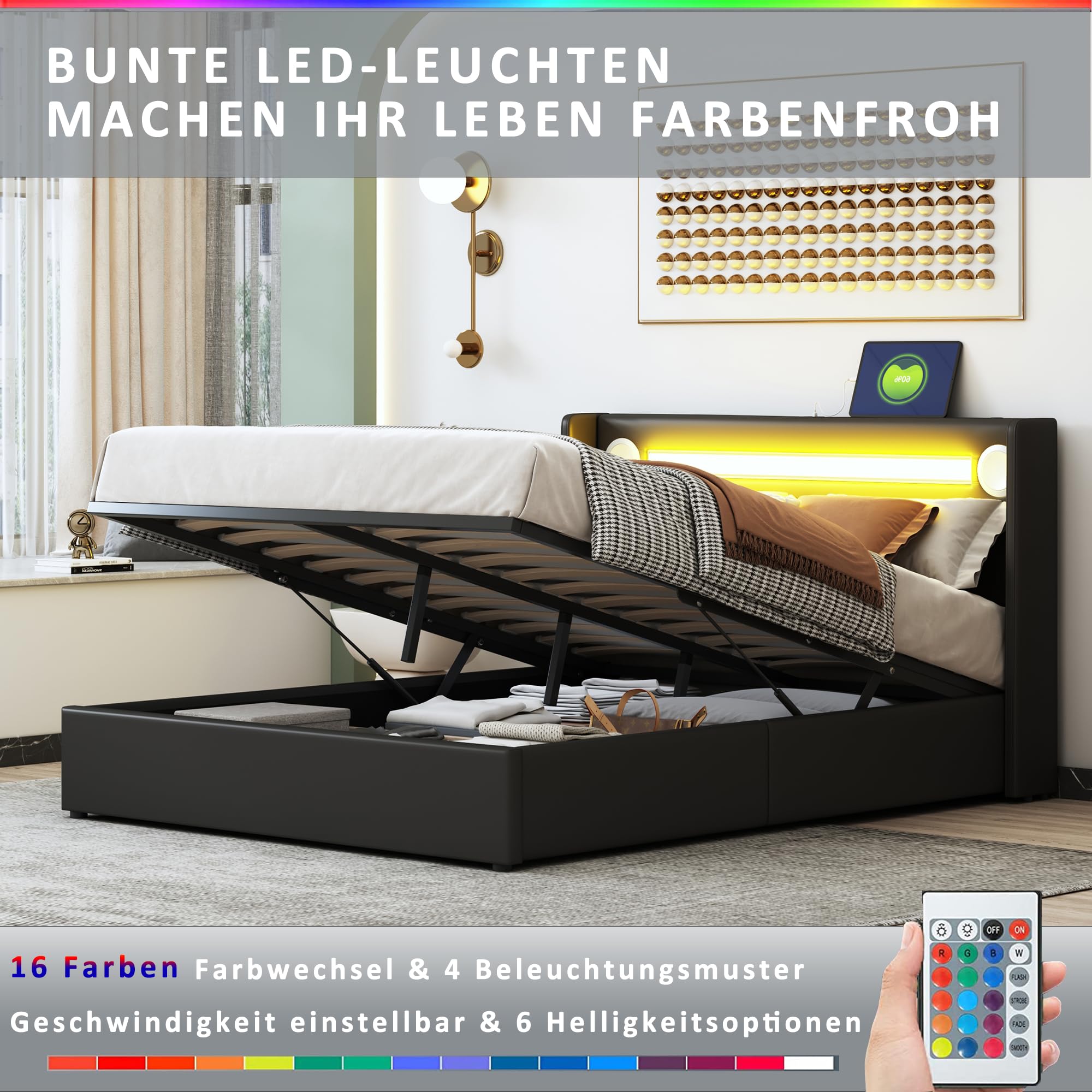 Merax Cama tapizada de 140 x 200 cm con tiras de luz LED, espacio de almacenamiento cama con reproductor Bluetooth y carga USB, para jóvenes y adultos, piel sintética negra (sin colchón)