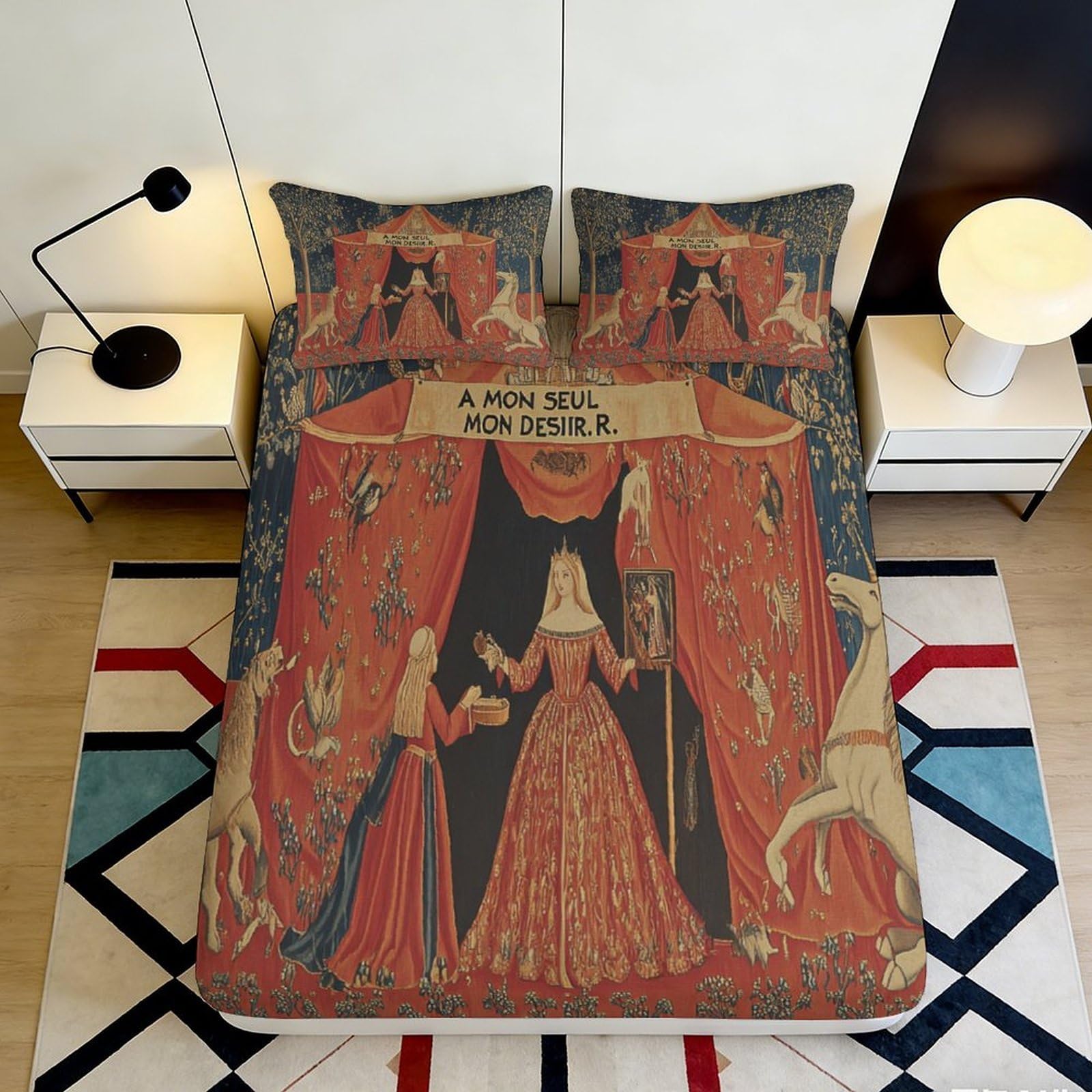 3D Printed Medieval Tapestry Fitted Sheet Microfiber Artistic Unicorn Lion Bed Cover for Bedroom Guest Room Decor 200x200x25cm