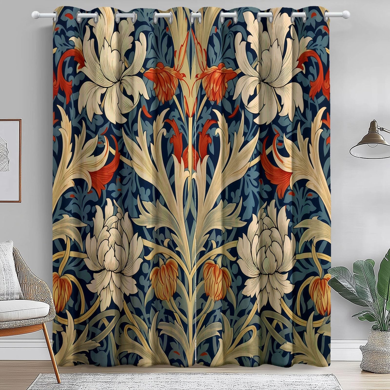 Curtains William Morris Style Flowers Eyelet 80% Blackout Room Darkening Thermal W 46" x L 72" (2 Panels) Light Blocking Window Drapes for Bedroom Living Room Navy Colorful