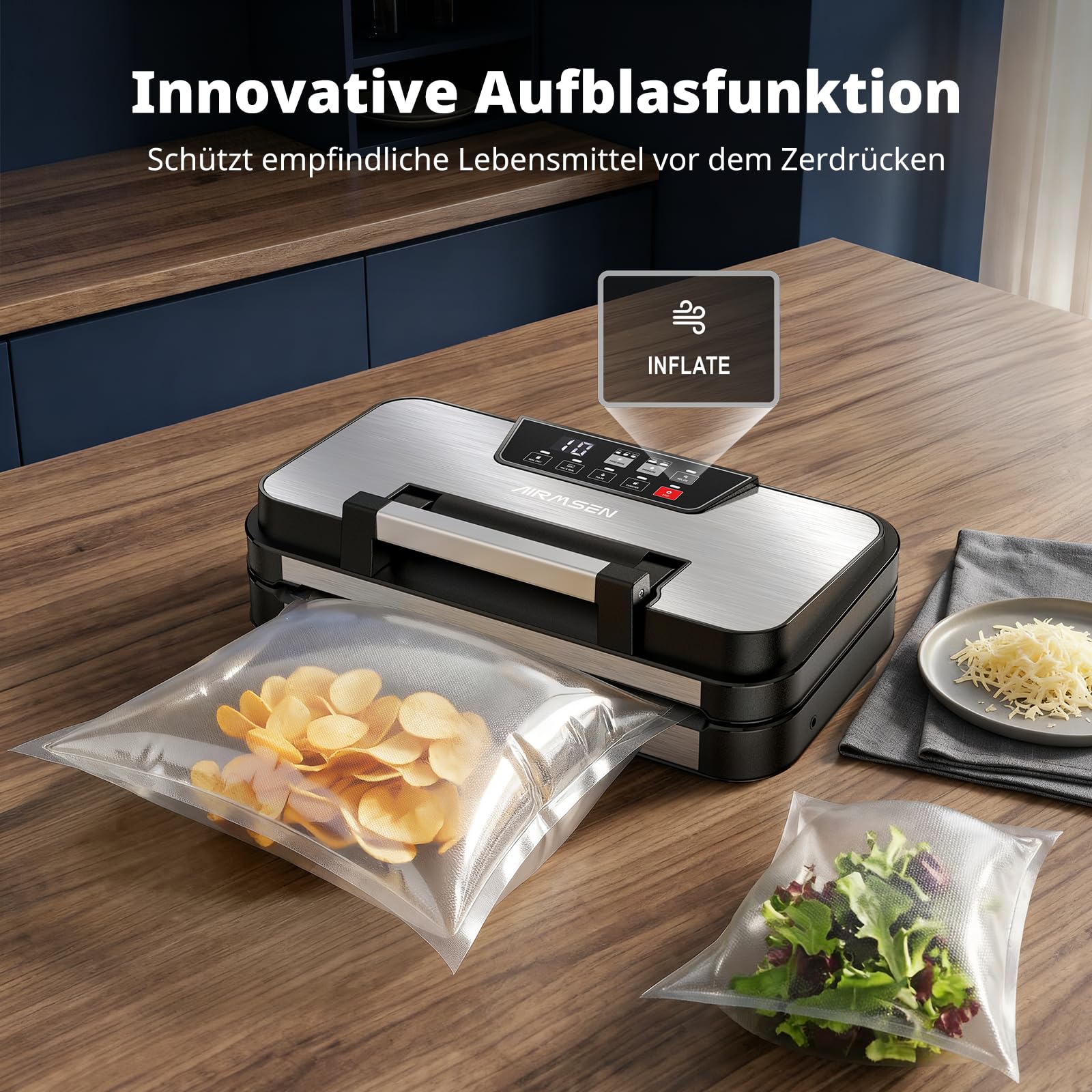AIRMSEN Vakuumiergerät 95 kPa 120W mit Aufblasfunktion, Doppelschweißnaht, inkl. Rollenfach, Cutter & Schlauch