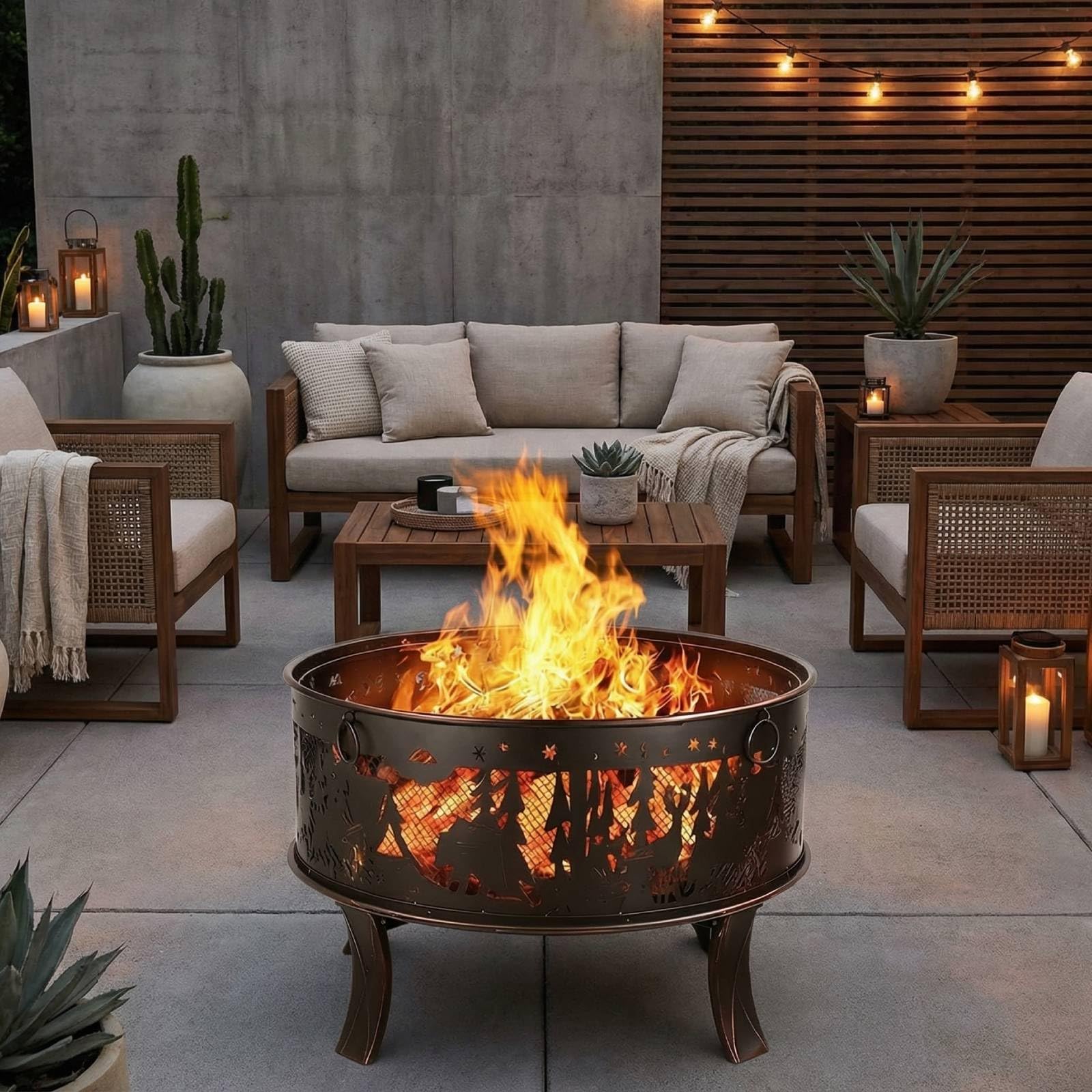 TLGREEN Braciere da giardino, braciere da Esterno con parascintille, stabile, fire pit 71 x 65 cm, con griglia per poker, 4 PCS piede, campeggio, spiaggia, tetto, look retrò, squisito motivo alce