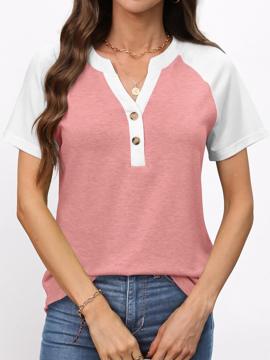 ANRABESS Womens Tops Short Sleeve Henley Shirts Summer V Neck Color Block Tunic T Shirts Casual Blouses Work Trendy Clothes - Image 2