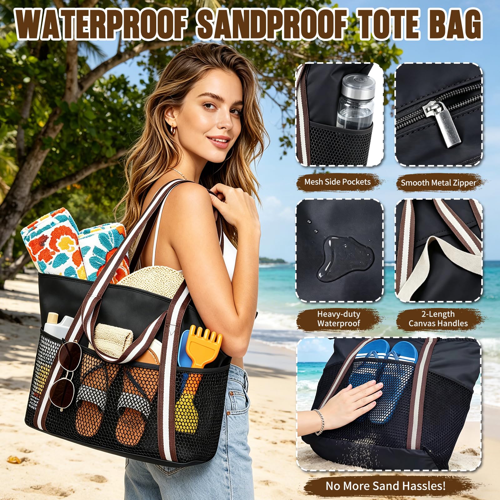 Bolsa de playa para mujer, bolsa de playa con cremallera, bolsa de playa grande XXL, bolsa de transporte para familia, bolsa impermeable para piscina, bolsa de playa plegable