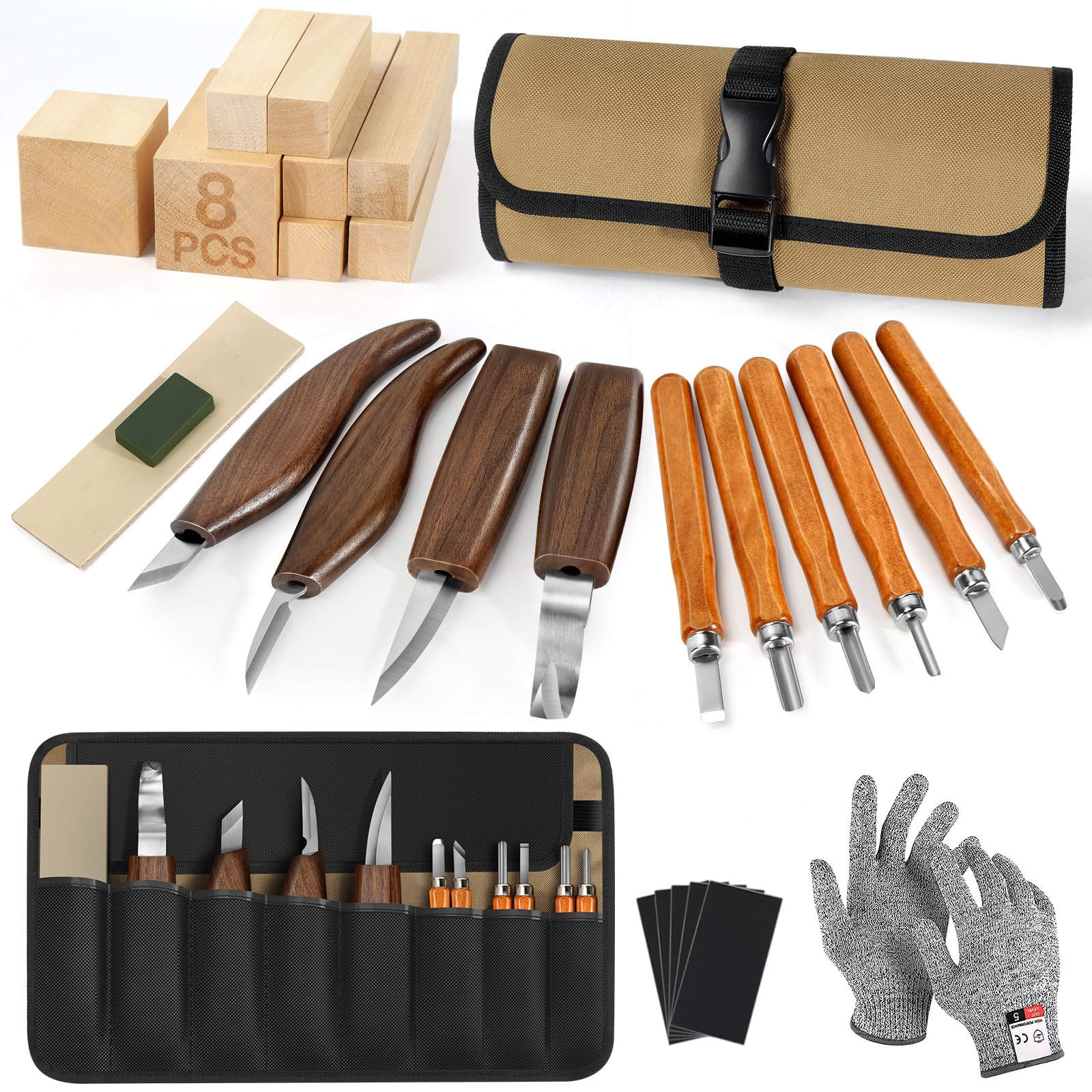 Herramientas para Tallar Madera, Tallar Madera con Estuche de Cuero, Cuchillos de Carpintería con Bloques de Tilo, Regalo para Adultos,Principiantes y Aficionados al Bricolaje