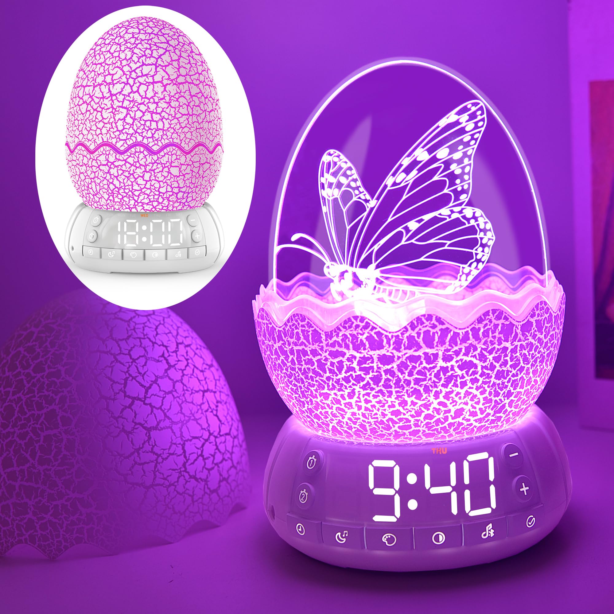 MTDYHY Butterfly Night Light Sleep Lamp with Lullaby White Noise, Digital Clock Alarm Clock with LED Décor Light, Butterfly Gifts/Decor for Girls