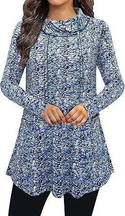 Bulotus Fall Sweaters for Women 2025 Cowl Neck Asymmetrical Long Tunics for Leggings Vacation Travel Tops with Pockets