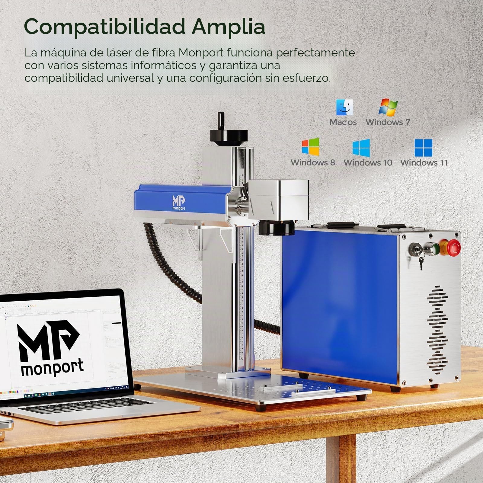 Monport Máquina de Grabado Láser de Fibra 30W con Rotativo, LightBurn Compatible, BSL Punto Rojo Precisión 0,01 mm Área de 150x150 mm Cortadora y Grabadora Láser Raycus para Metal Madera Placa Cuero