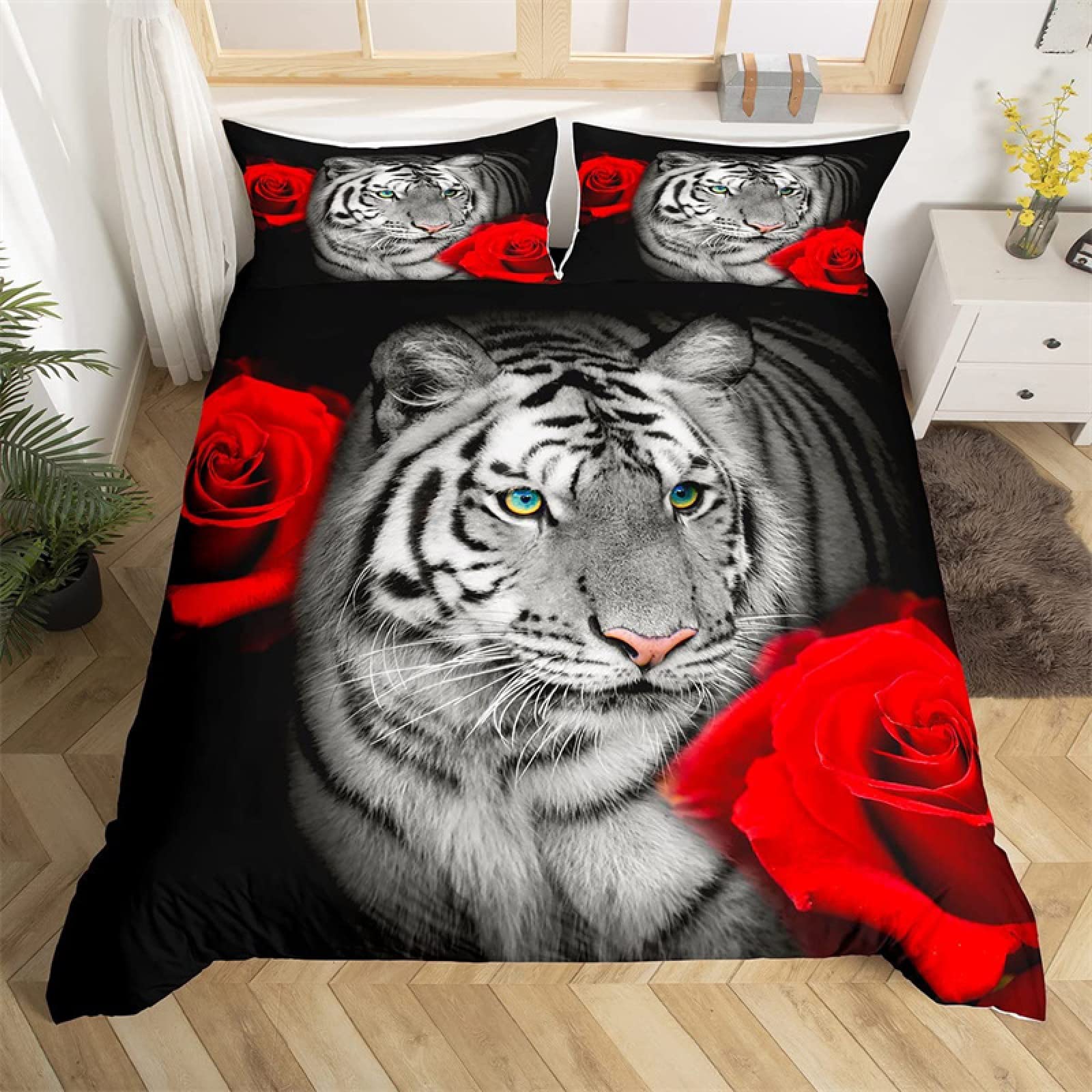 Bettwäsche 200x220 Graue Tigerrose, Microfaser Bettbezug Set mit Reißverschluss, Wendemotiv Bettwäsche-Sets 3 Teilig - 1 x Bettbezug + 2 Kissenbezug 80x80 cm