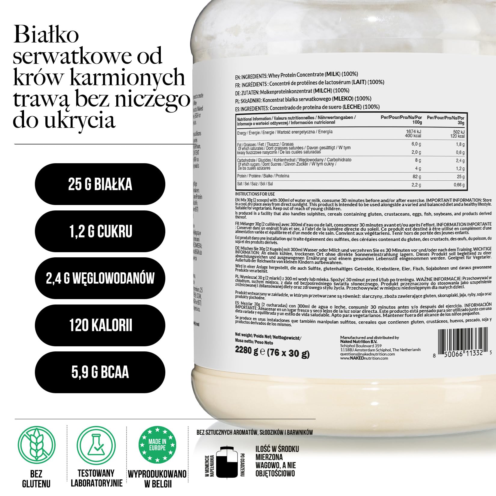 Naked Whey - Suplement diety w postaci proszku zawierający czyste białko serwatkowe, bezsmakowe, bez konserwantów, bez GMO, bez soi, bez glutenu, wspomagający wzrost i regenerację mięśni, 2280 g