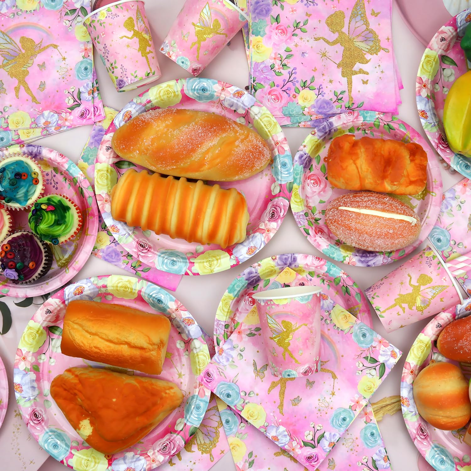 Suministros de fiesta de hadas – Vajilla de fiesta de hadas – Platos de cena, platos de postre, vasos, servilletas, mantel de popotes para decoración de fiesta de cumpleaños de princesa, mariposa,