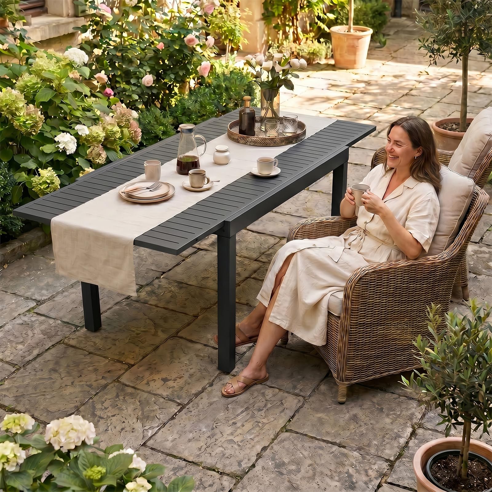 TRIUMPHKEY Gartentisch Ausziehbar, Gartentisch Wetterfest mit Aluminium, 80/160 x 75cm Esstisch Ausziehbar für 4-6 Personen, Geeignet als Gartentisch Partytisch Balkontisch, Dunkelgrau
