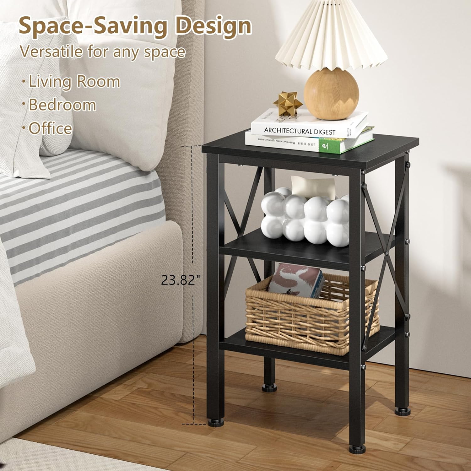 VECELO End Table, Bedside Table, 24" Tall Living Room End Tables, X-Design Reinforced Nightstands, Side Table with 3-Tier Storage Shelves for Small Spaces, Office, Bathroom, Bedroom, Classic Black