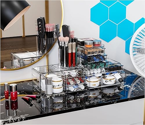 Miniatura 6 de SuoXing Paquete de 3 Organizadores de Maquillaje de Acrílico Transparente para Tocador con 9 Cajones, Organizadores de Cuidado de la Piel para