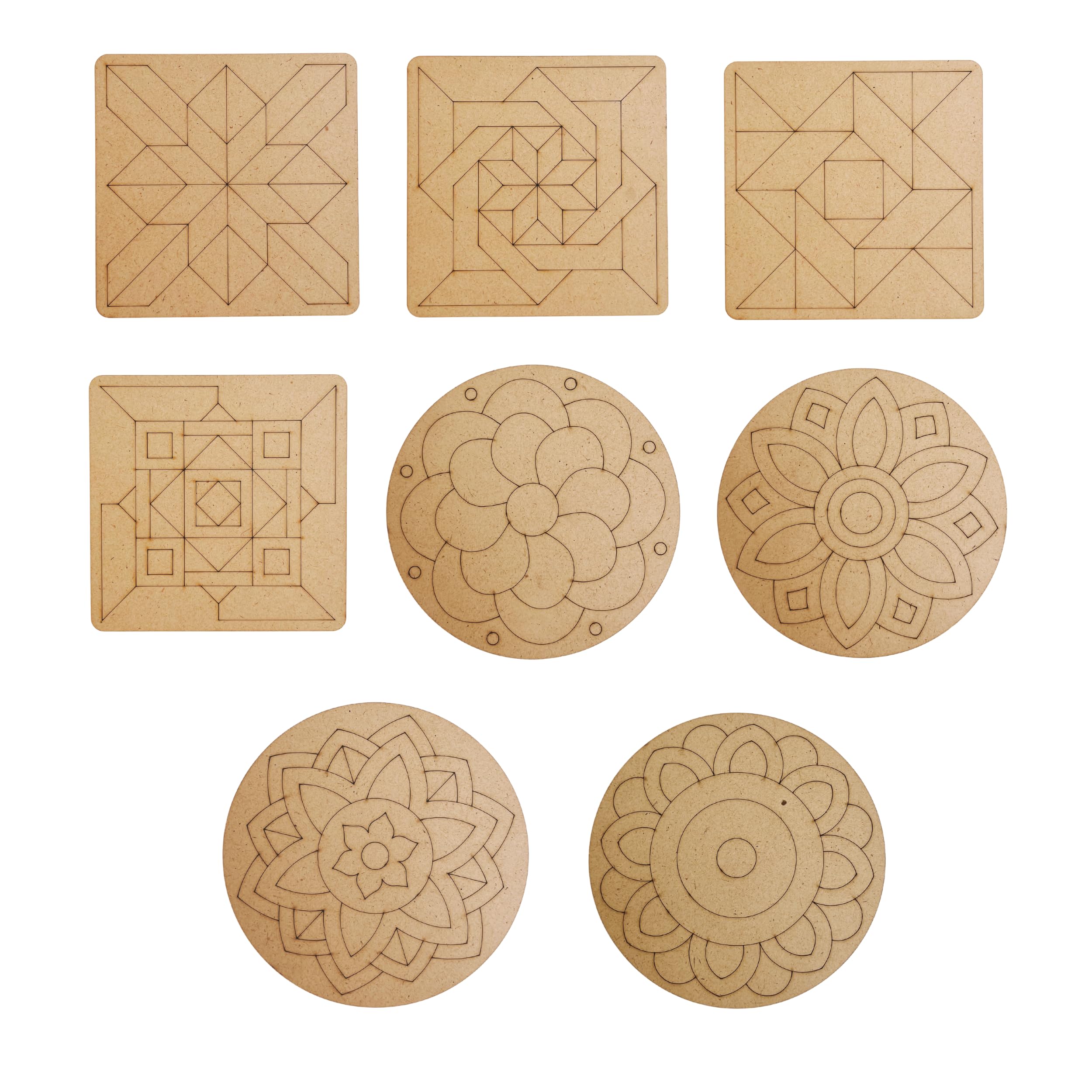 Premarked MDF Boards for Art and Craft | Set of 8-4 Inch - 2.5 Mm | Premarked Mandala Board Coasters | Canvas for Kids | MDF Cutouts for Painting, Lippan Art DIY Kit for Kids (Round Square)-image-38