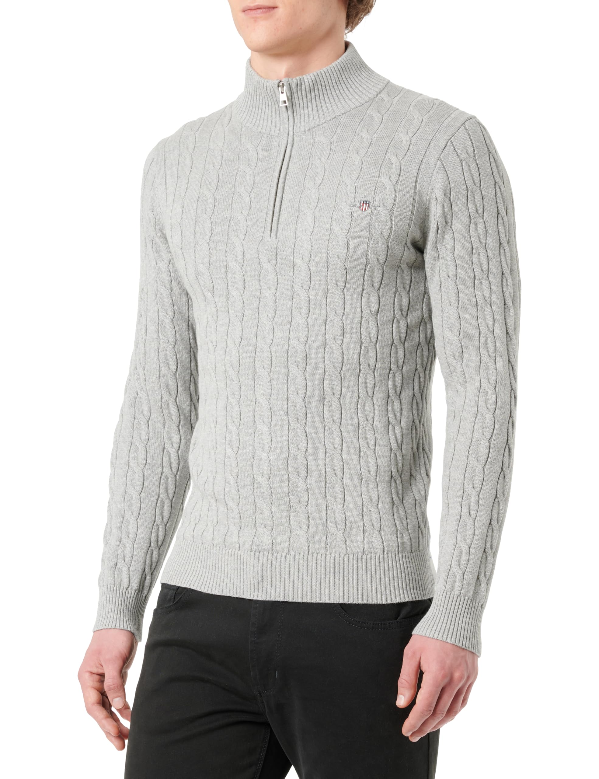 Gant Men's Grey Melange Cotton Cable Half Zip Pullover, 4XL