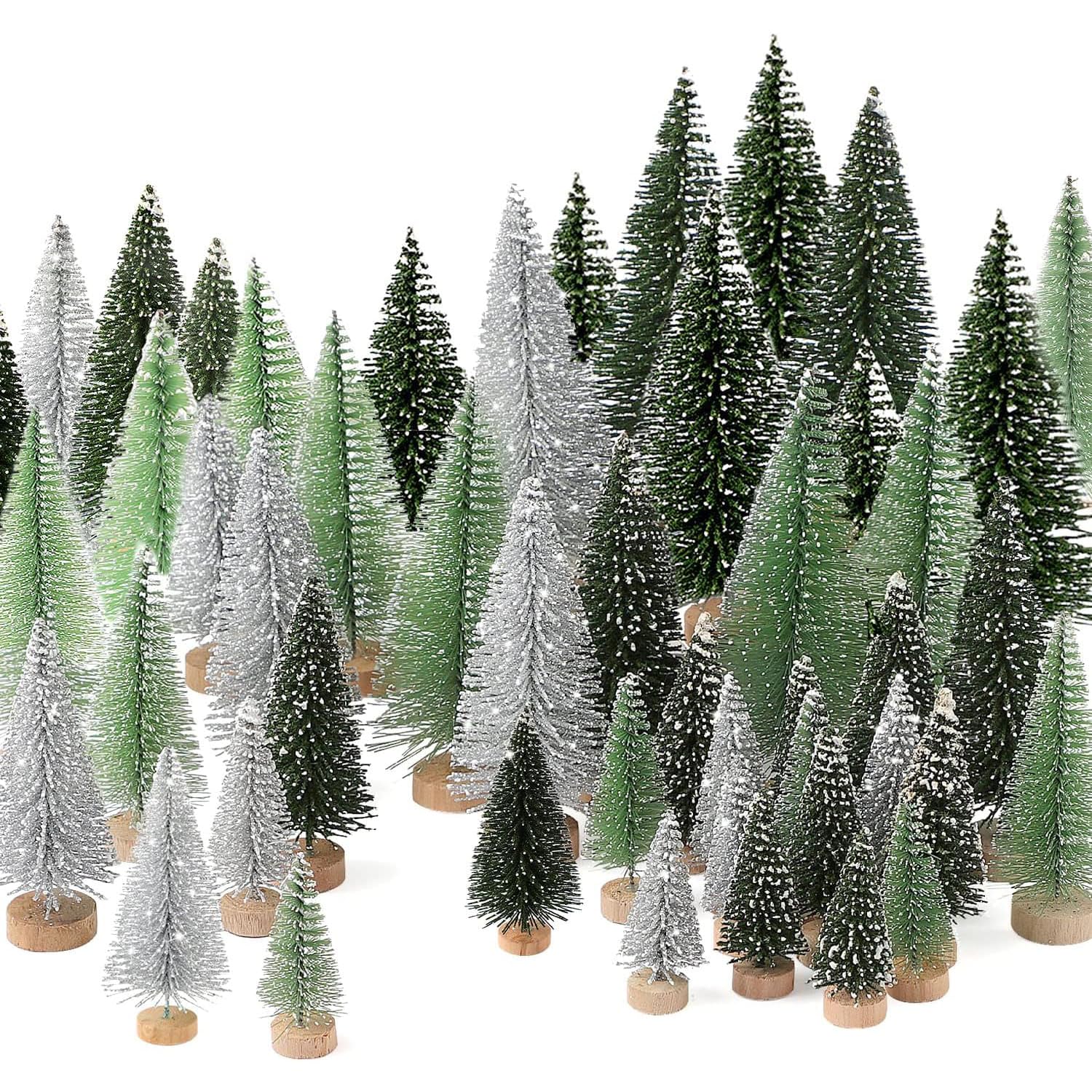 30pcs Mini Christmas Trees Artificial Christmas Tree Bottle Brush Trees with Wooden Base for Christmas Decor Party Home Table Craft Decorations (Silver,Green)