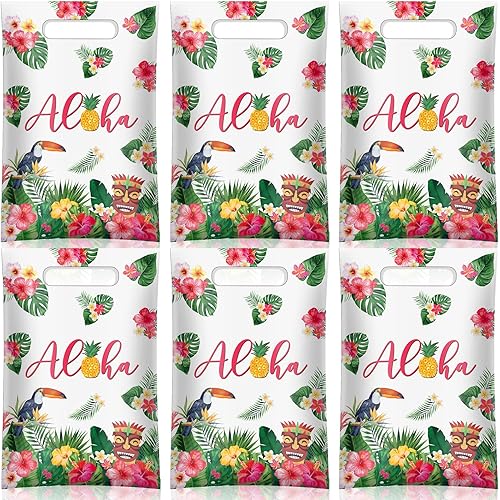 PerKoop 100 bolsas de regalo hawaianas de plástico Aloha bolsas de regalo Luau para fiestas con asas para verano, tropical, cumpleaños, vacaciones,
