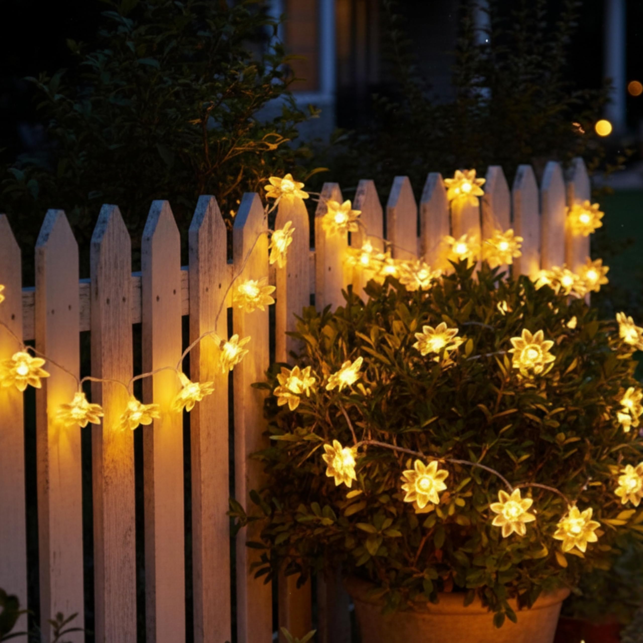 Homehop Solar Light Outdoor Garden 30 Led String Lotus Shape for Garden Balcony Terrace, Lawn Wall Waterproof Rechargeable Decorative Lamp Diwali Decoration Item (6.5 Meters,Warm Colour)
